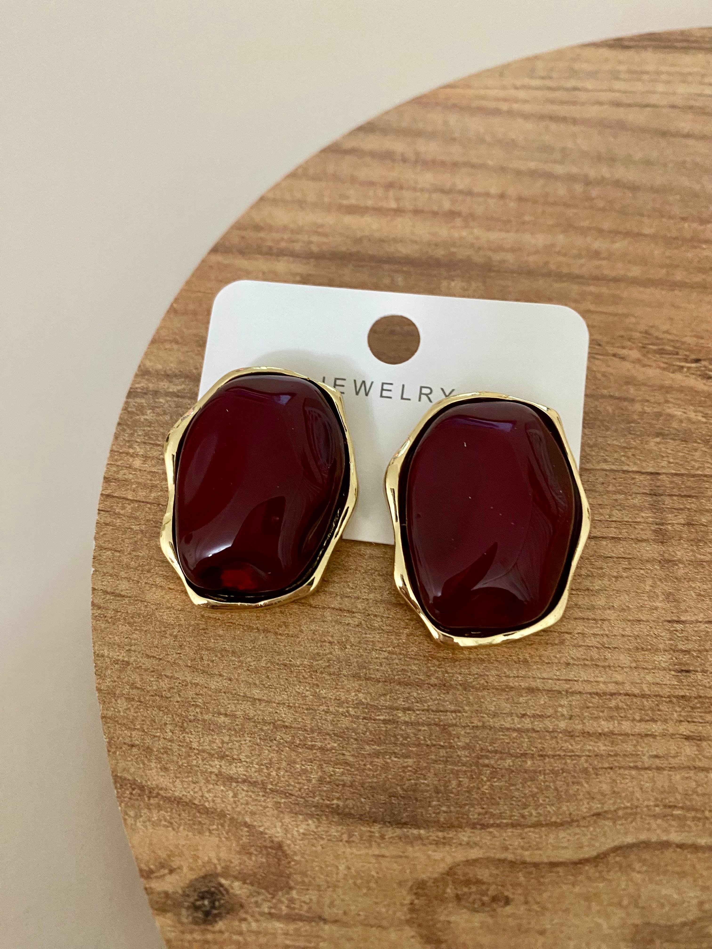 Gold Bordo Mineli Geometrik Küpe 
