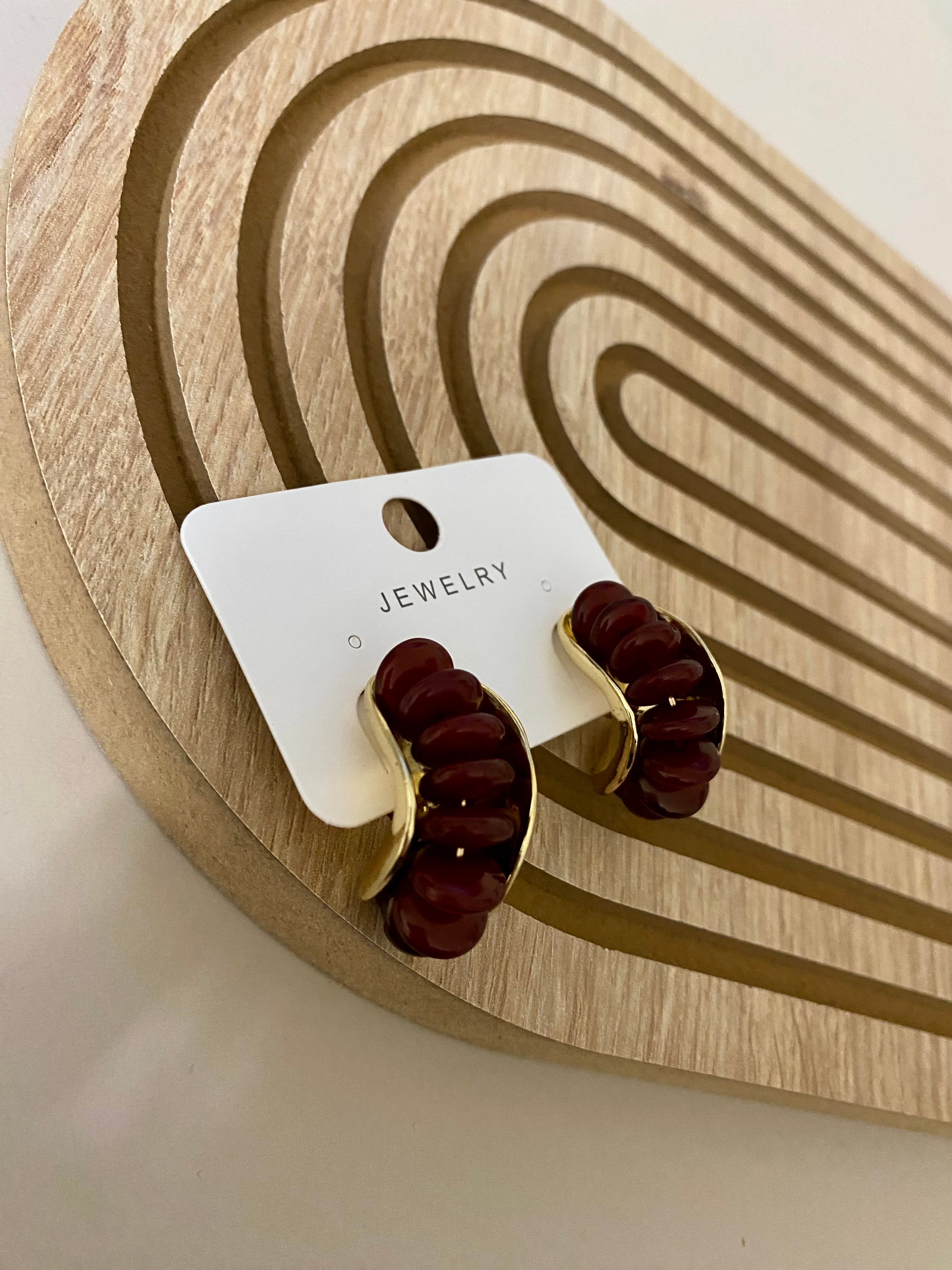 Gold Bordo Mini Halka Detaylı Küpe 