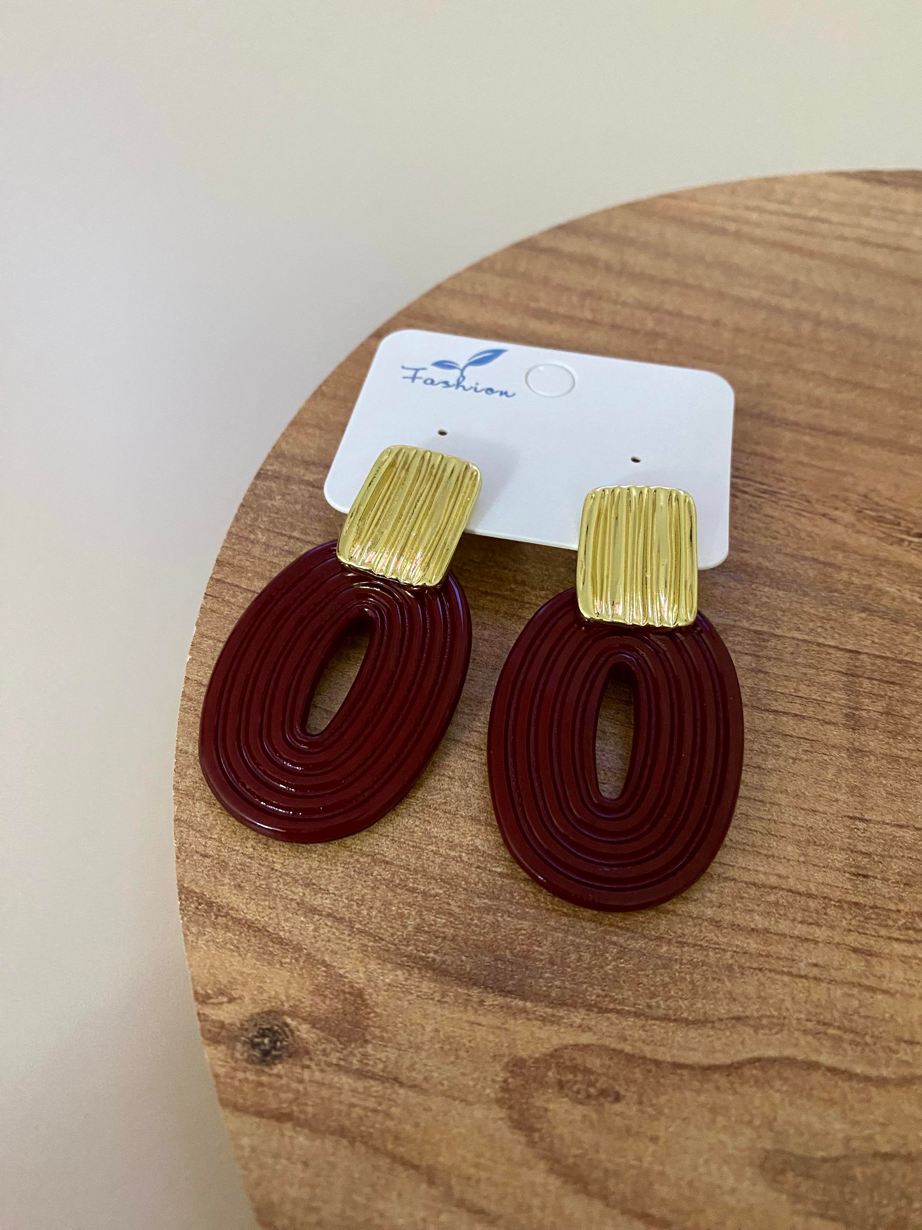 Gold Bordo Oval Küpe 