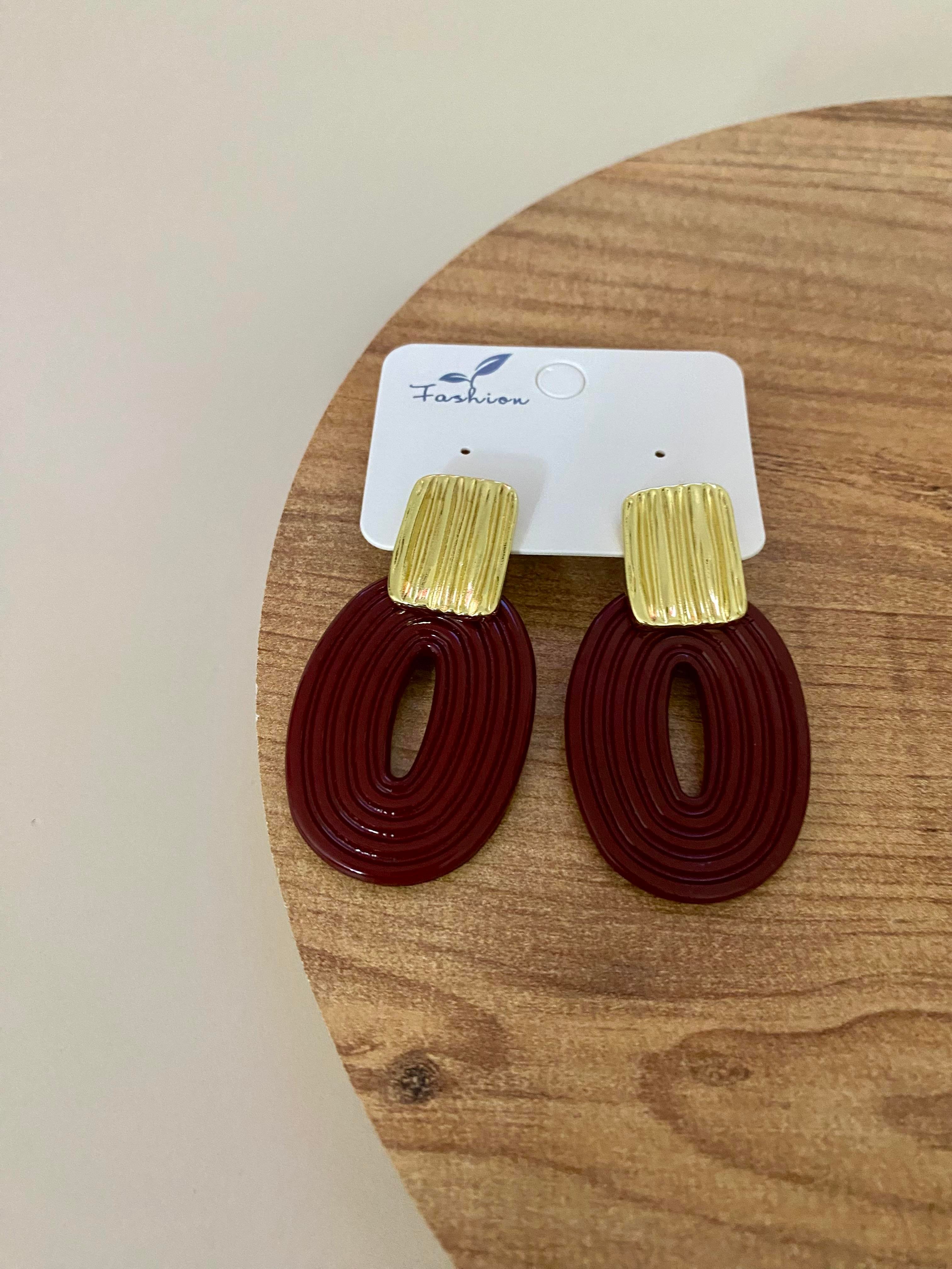Gold Bordo Oval Küpe 