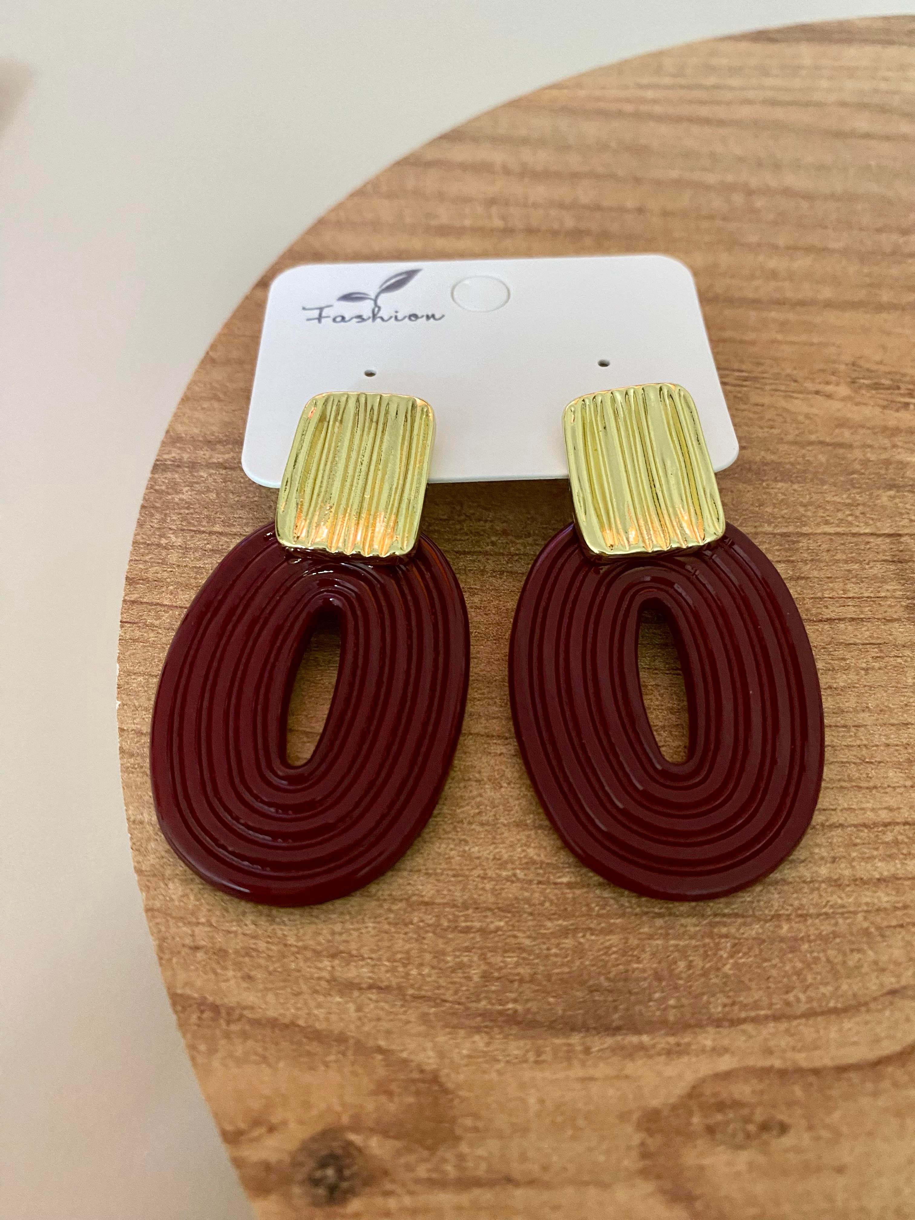 Gold Bordo Oval Küpe 