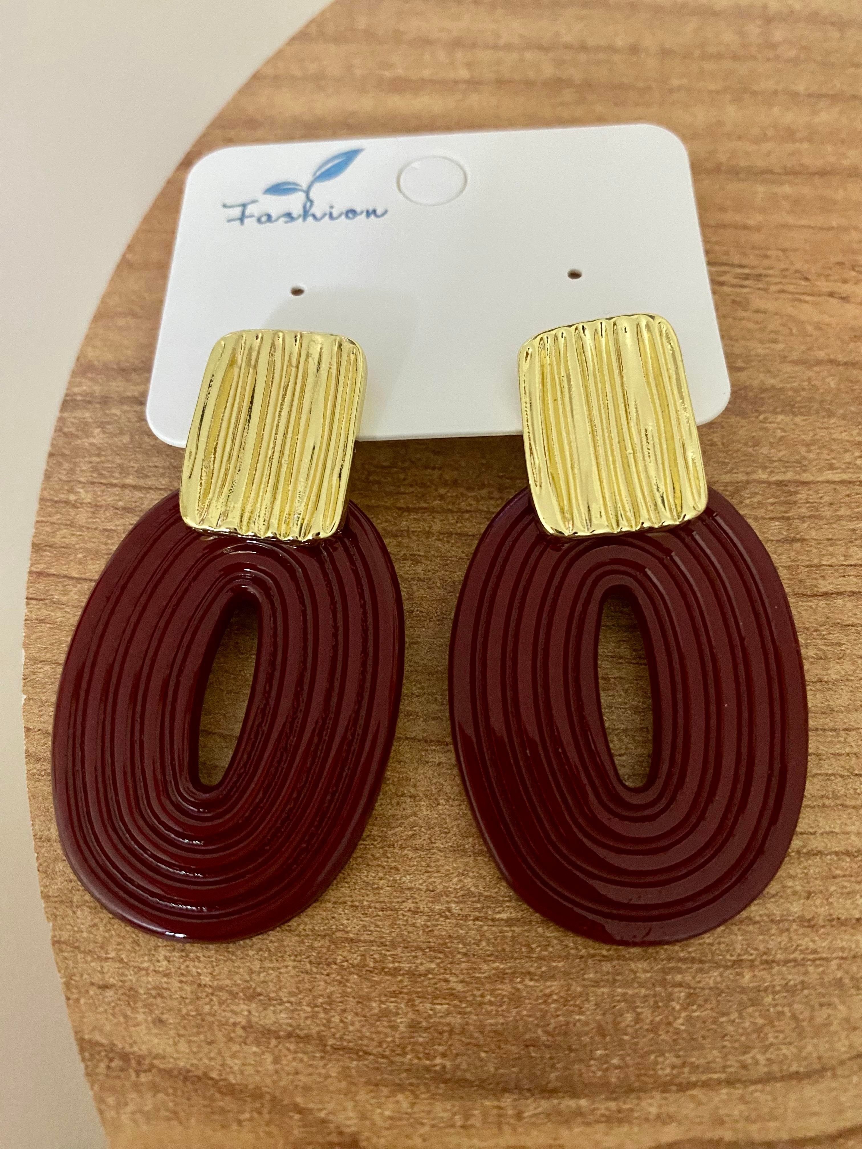 Gold Bordo Oval Küpe 