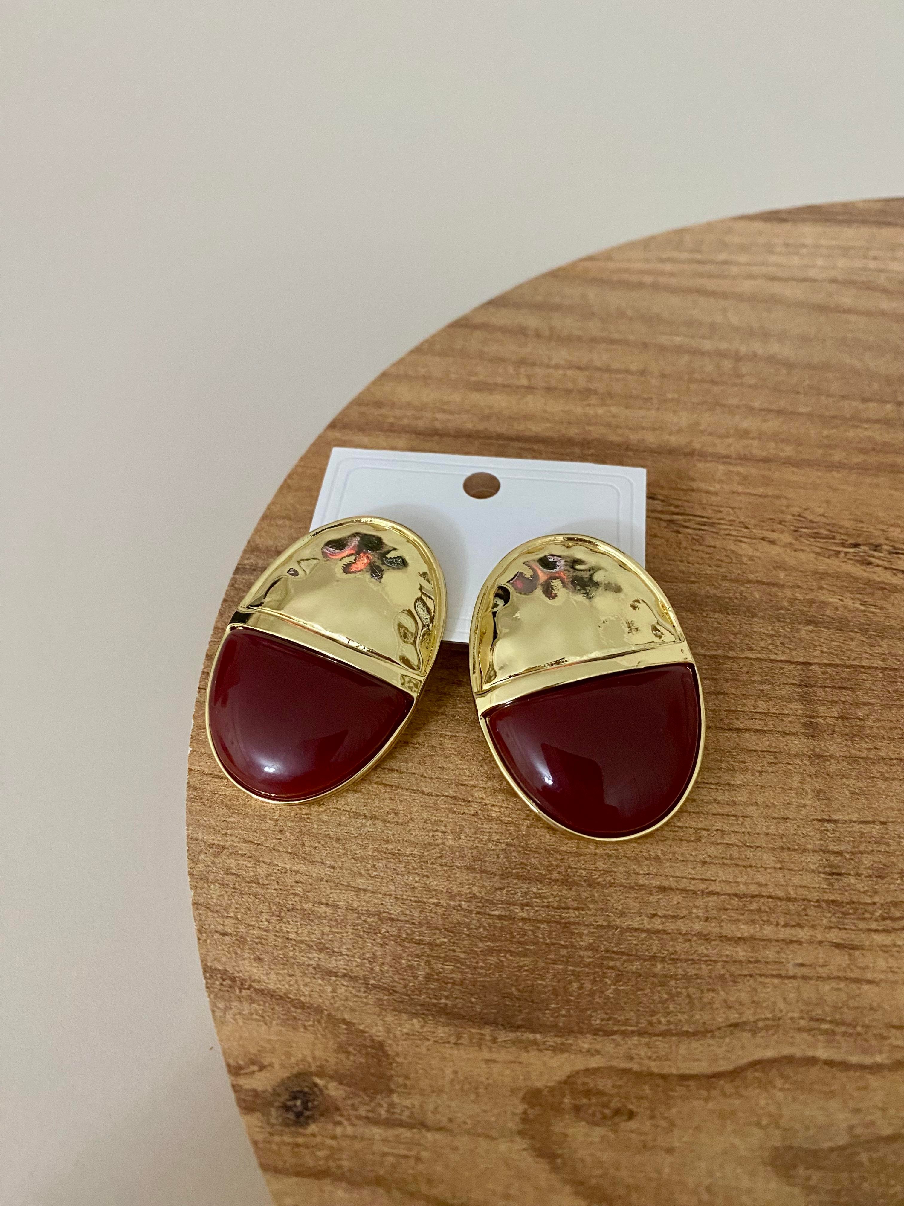 Gold Bordo Oval Plaka Küpe