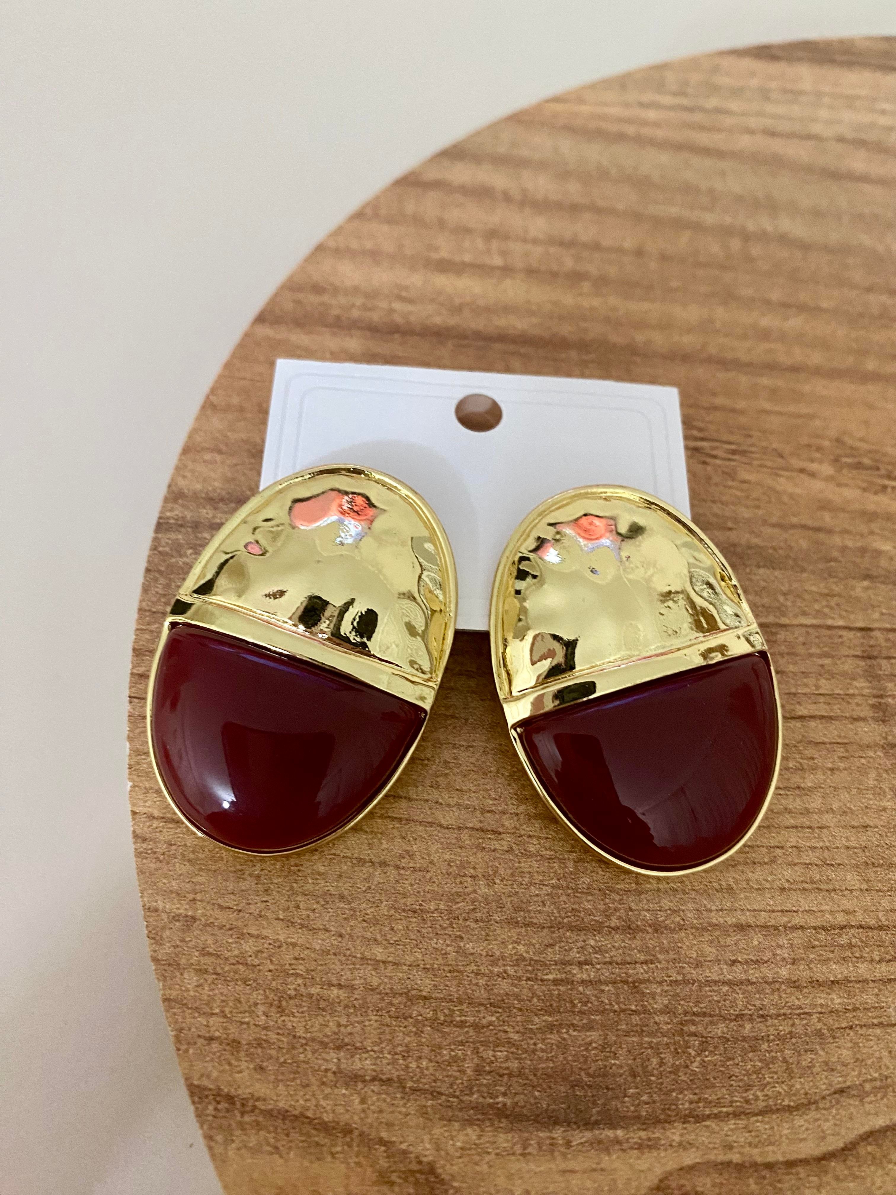 Gold Bordo Oval Plaka Küpe