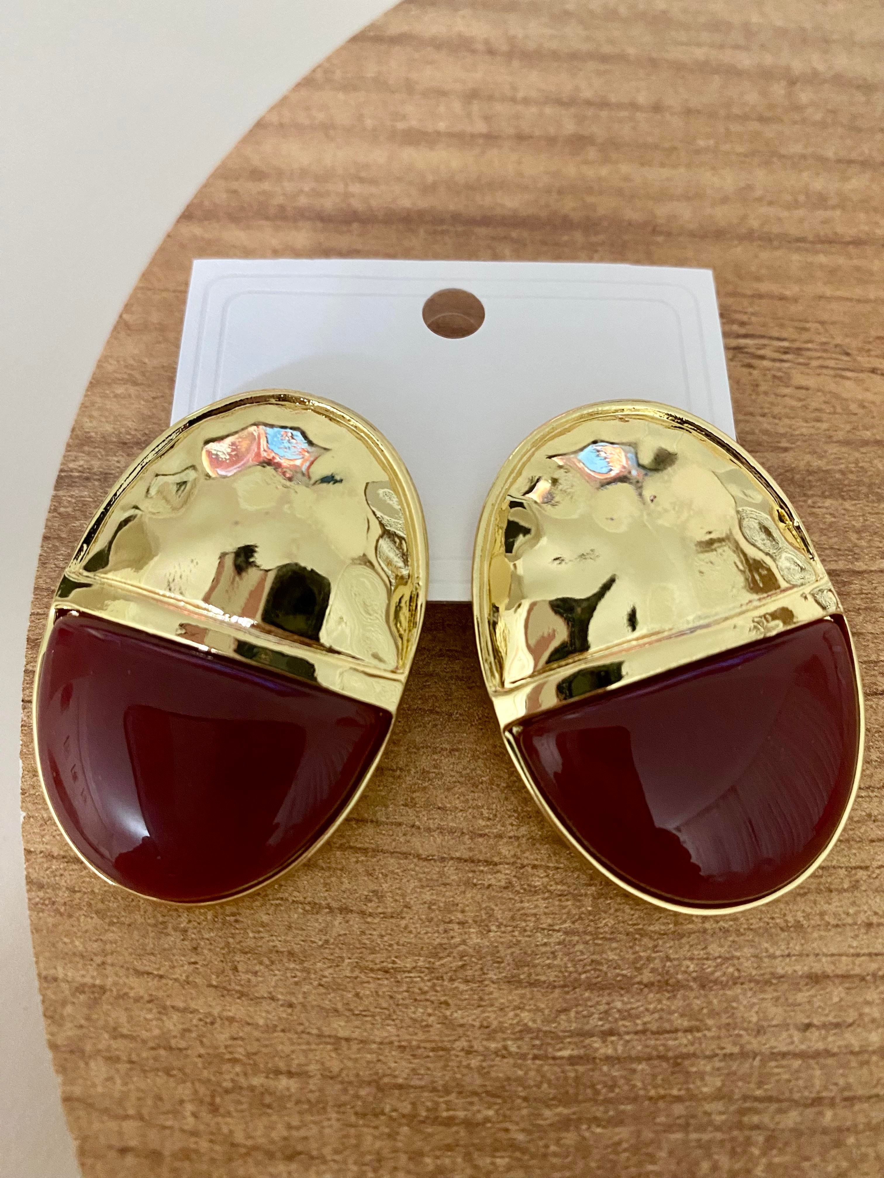 Gold Bordo Oval Plaka Küpe