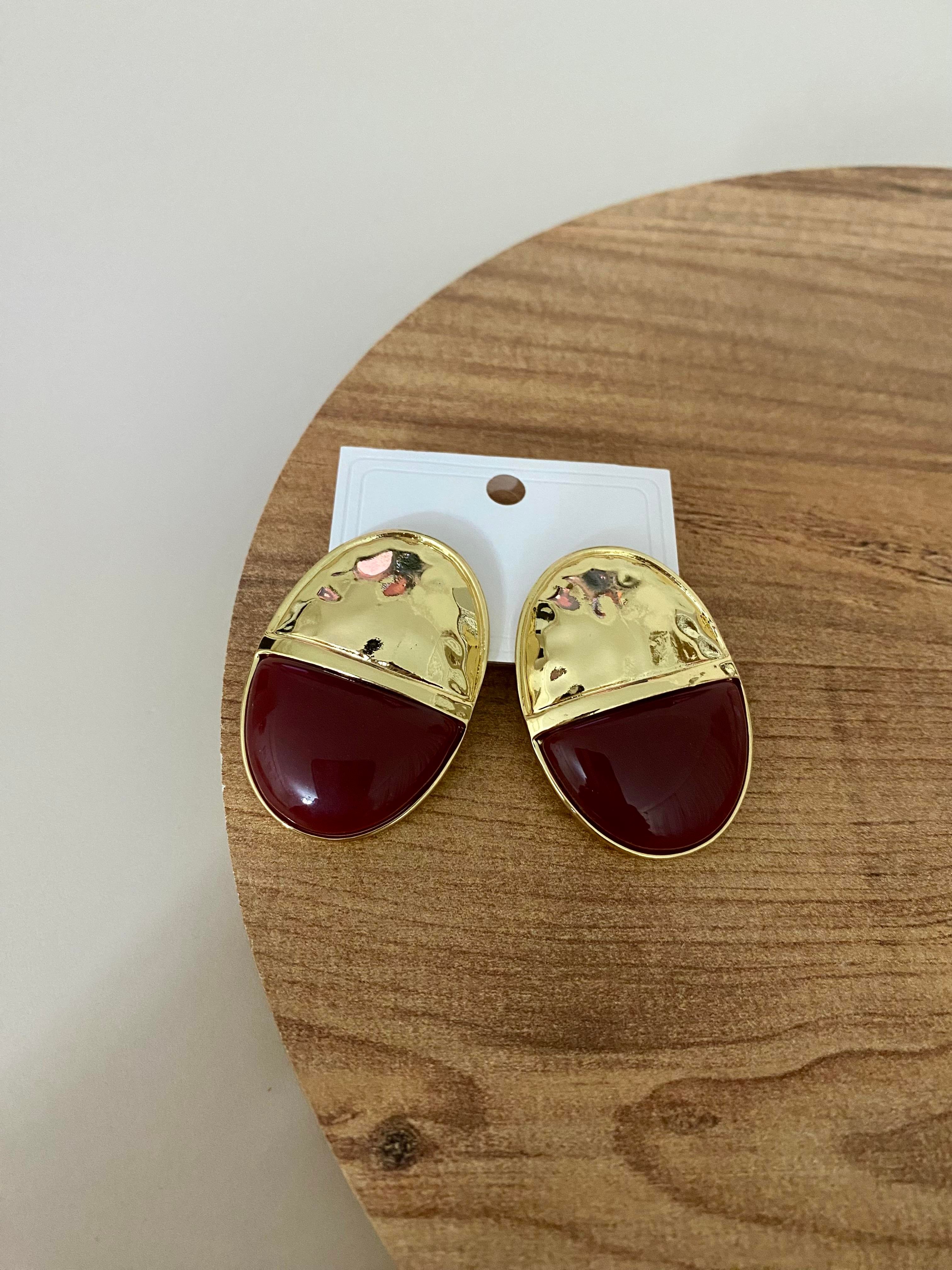 Gold Bordo Oval Plaka Küpe