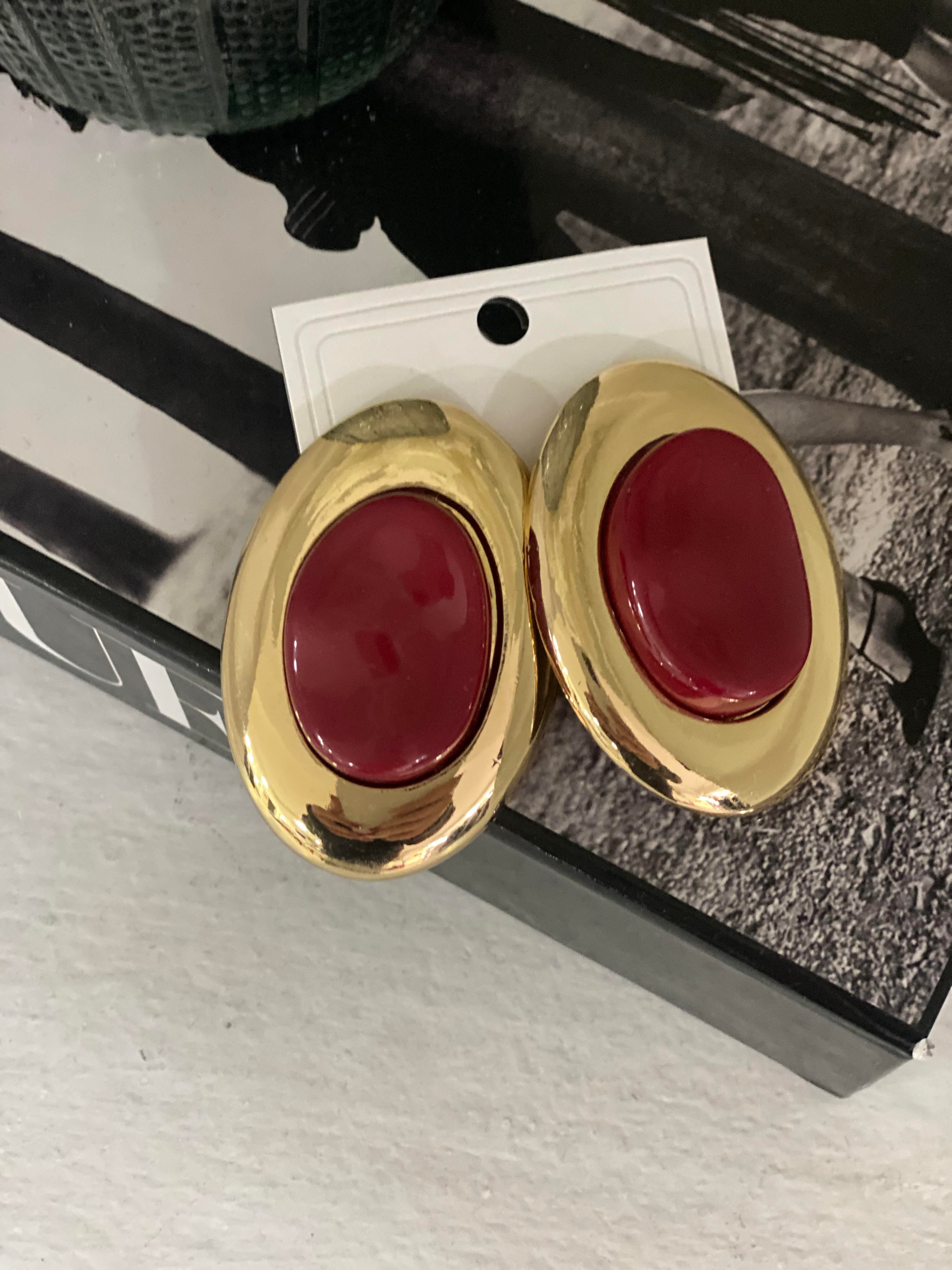 Gold Bordo Taşlı Büyük Vintage Küpe