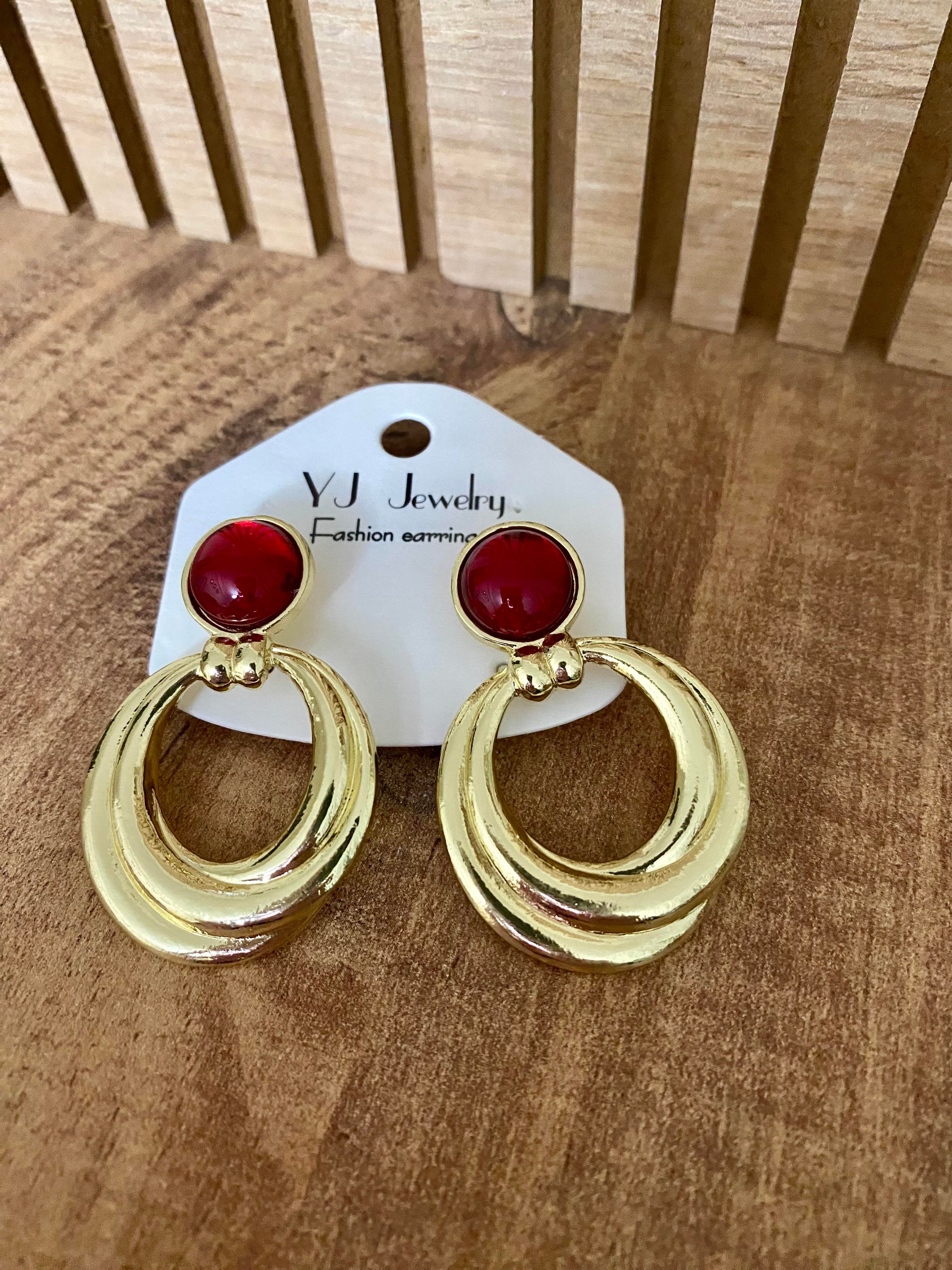 Gold Bordo Taşlı Marka Model Halka Küpe