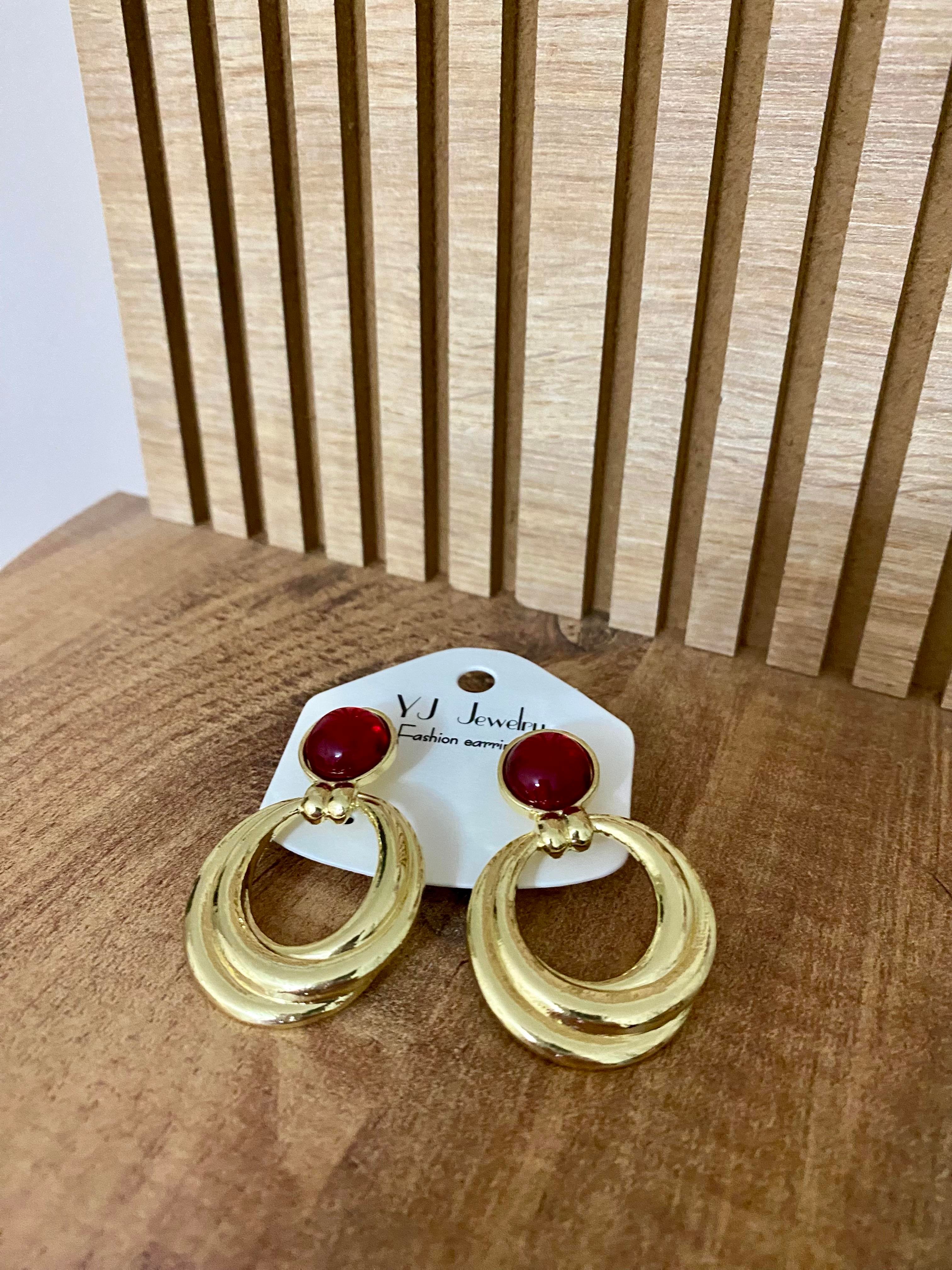 Gold Bordo Taşlı Marka Model Halka Küpe