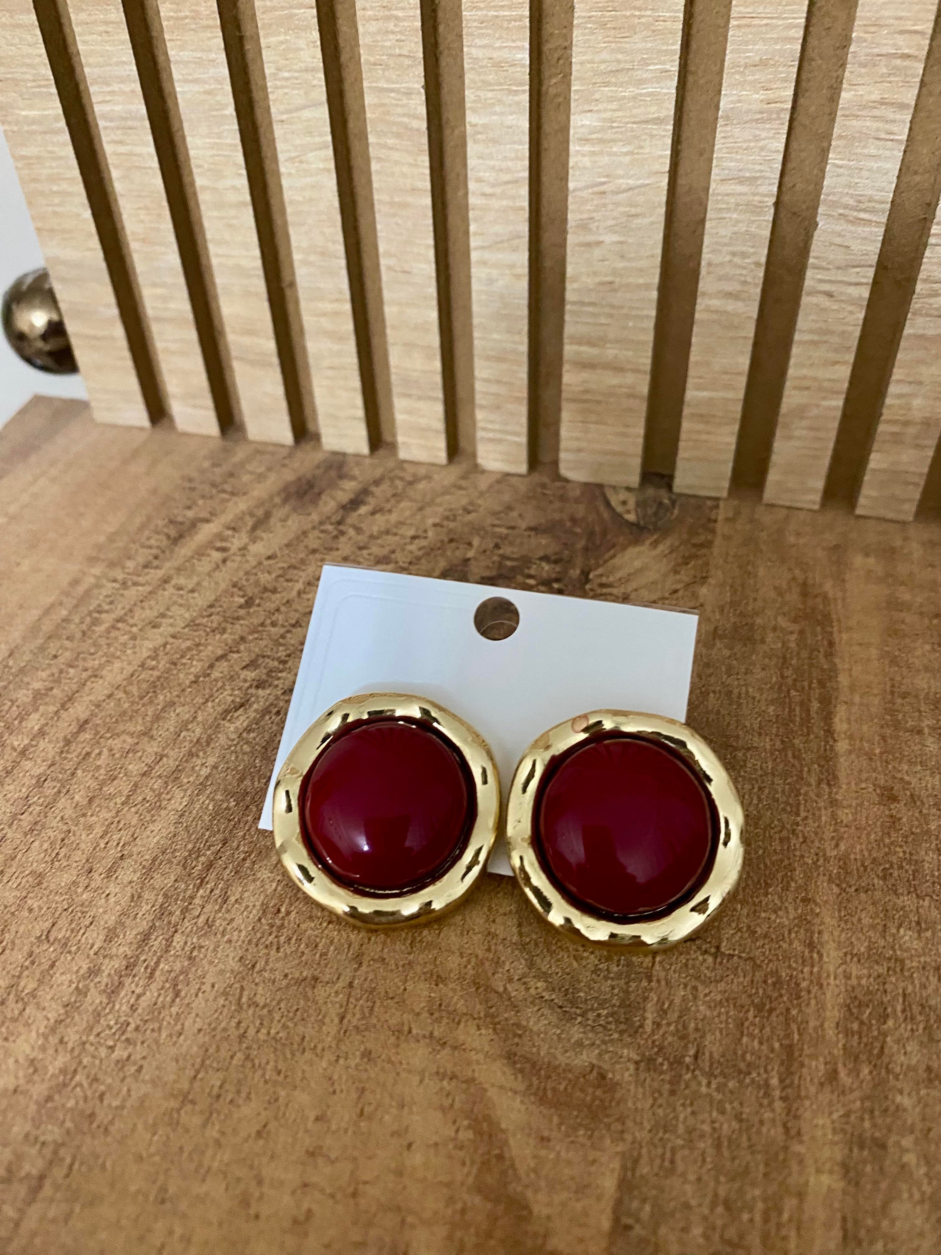 Gold Bordo Taşlı Marka Model Yuvarlak Küpe