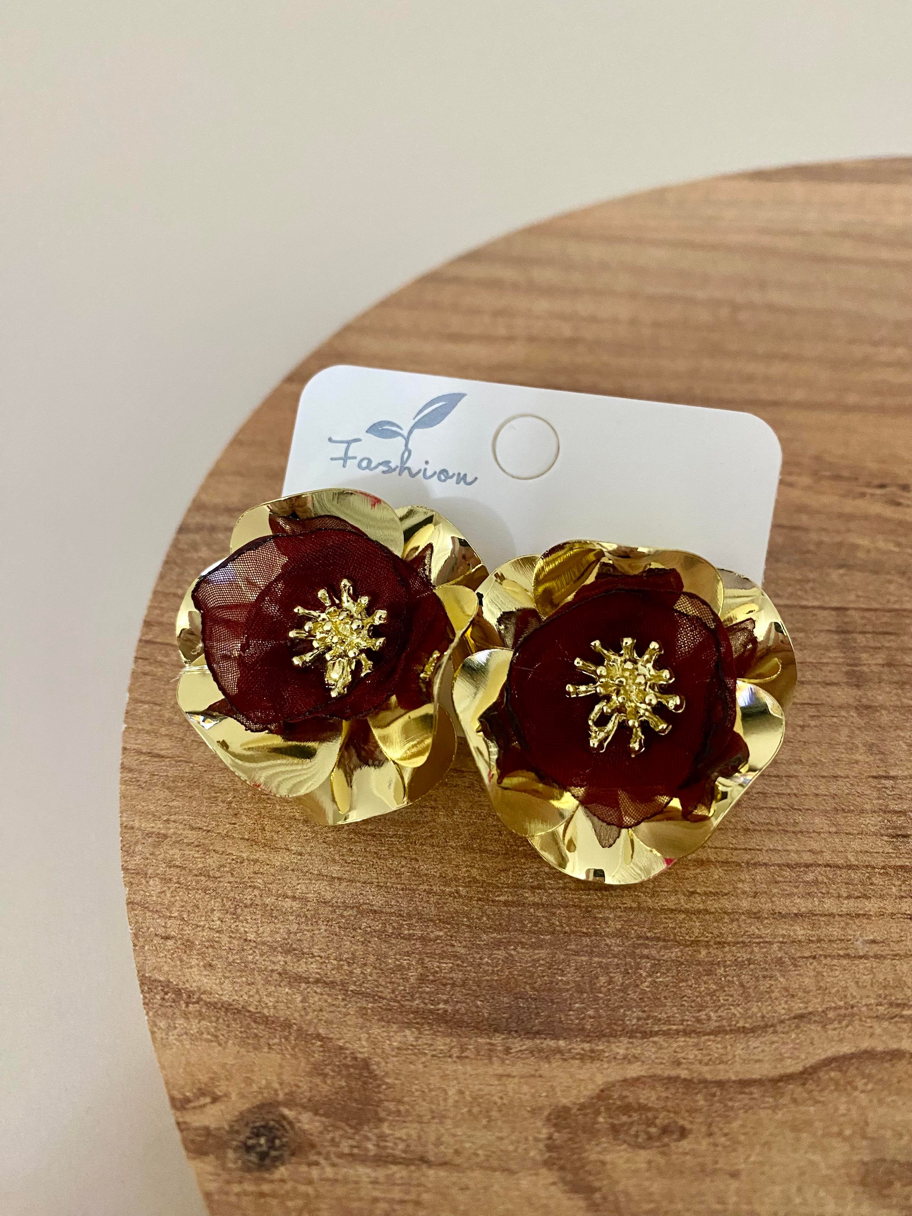 Gold Bordo Tül Detay Tasarım Küpe