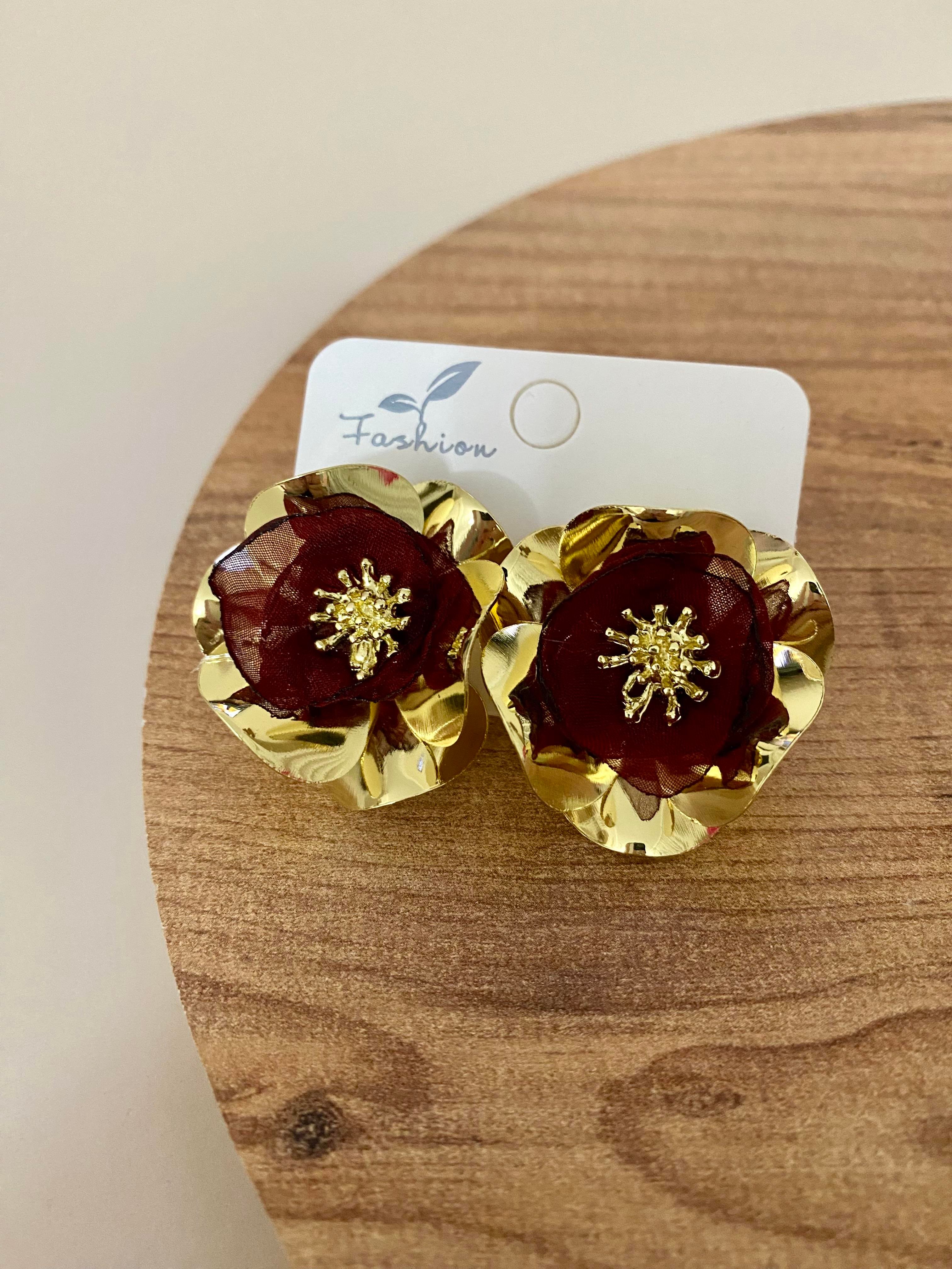 Gold Bordo Tül Detay Tasarım Küpe