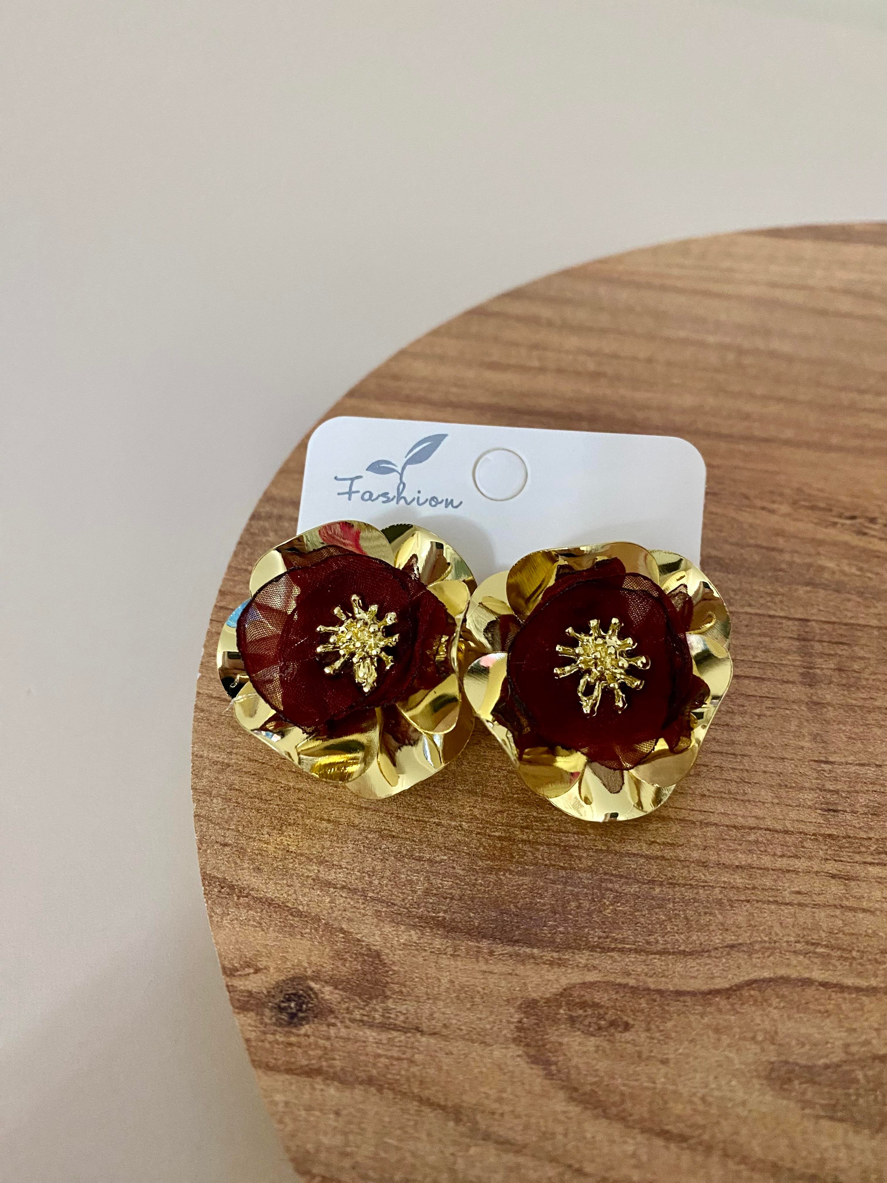 Gold Bordo Tül Detay Tasarım Küpe