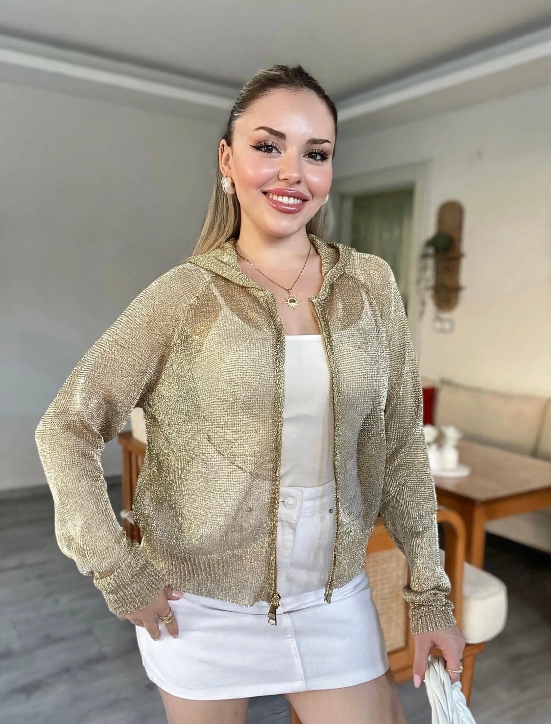 Gold Fermuarlı Kapşonlu Hırka