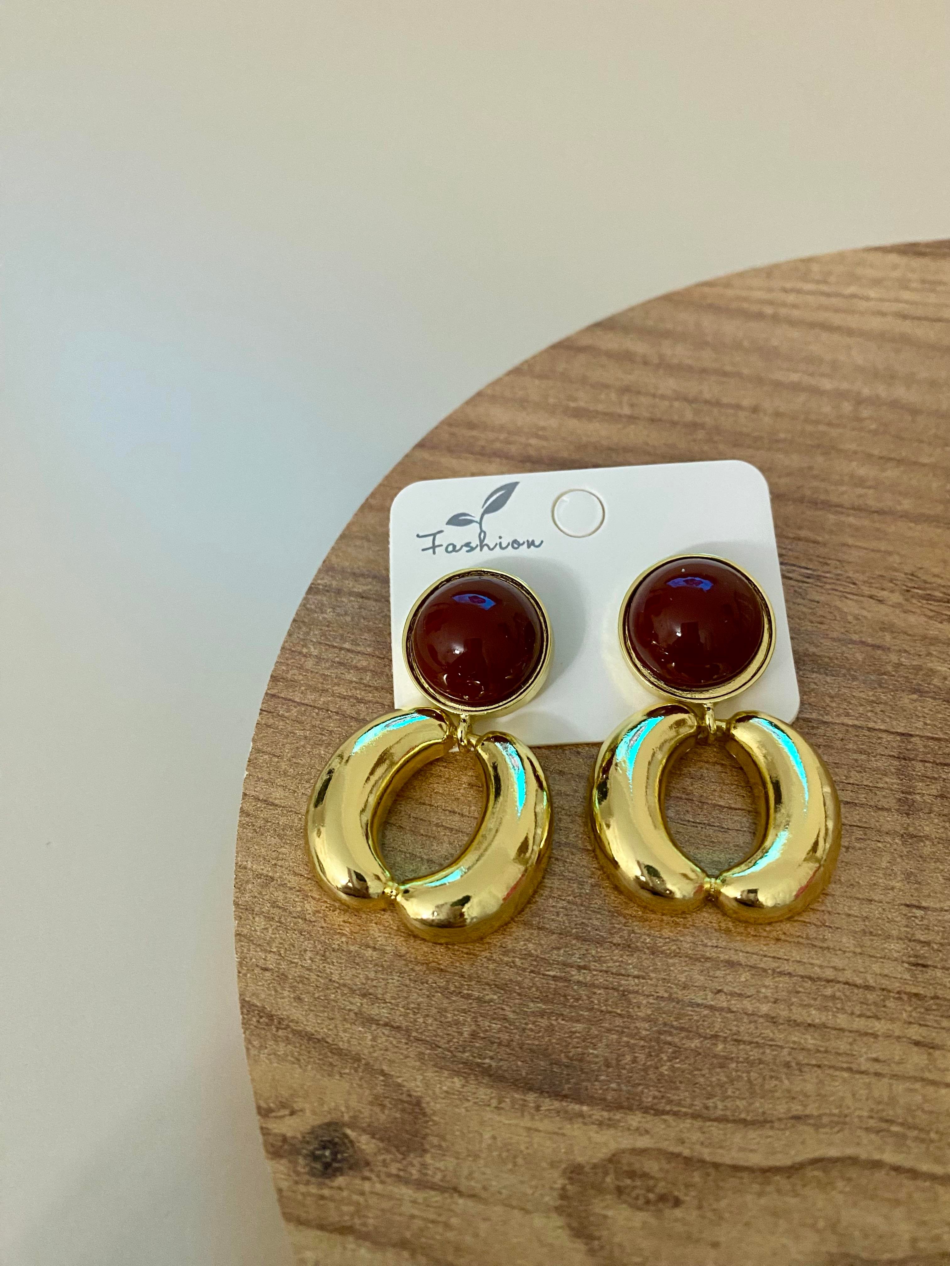Gold Halka Model Bordo Mineli Küpe 