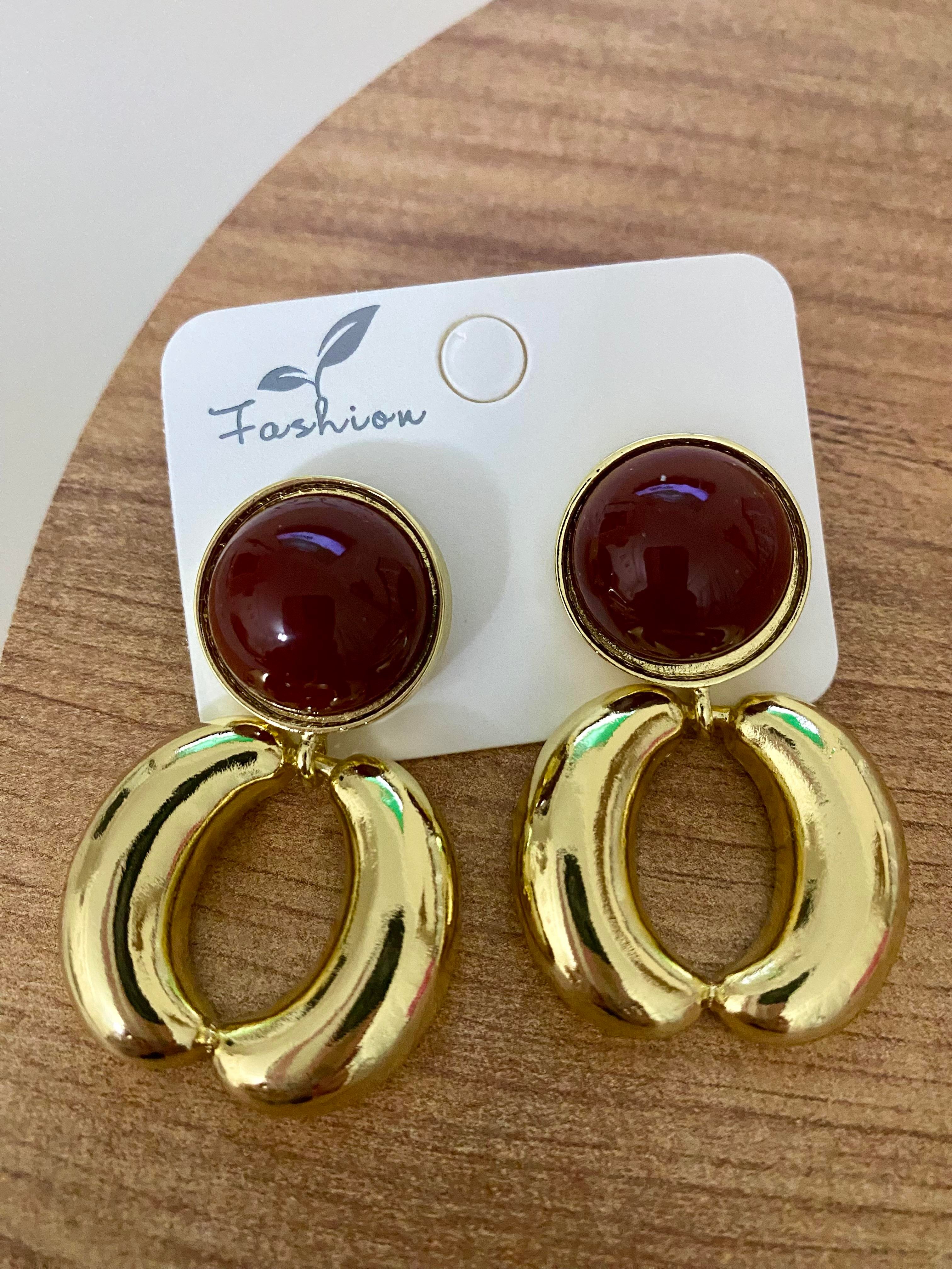 Gold Halka Model Bordo Mineli Küpe 