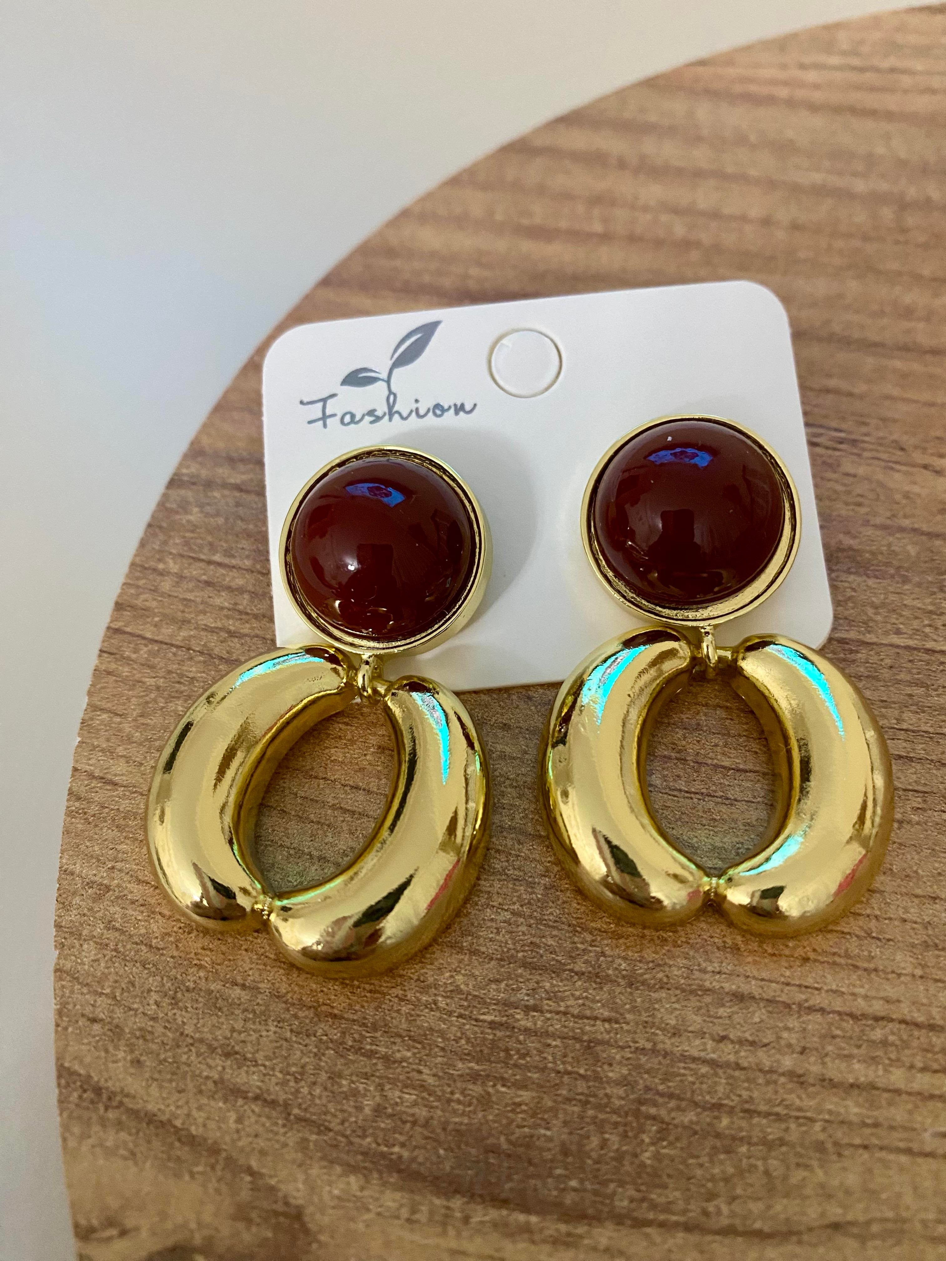 Gold Halka Model Bordo Mineli Küpe 