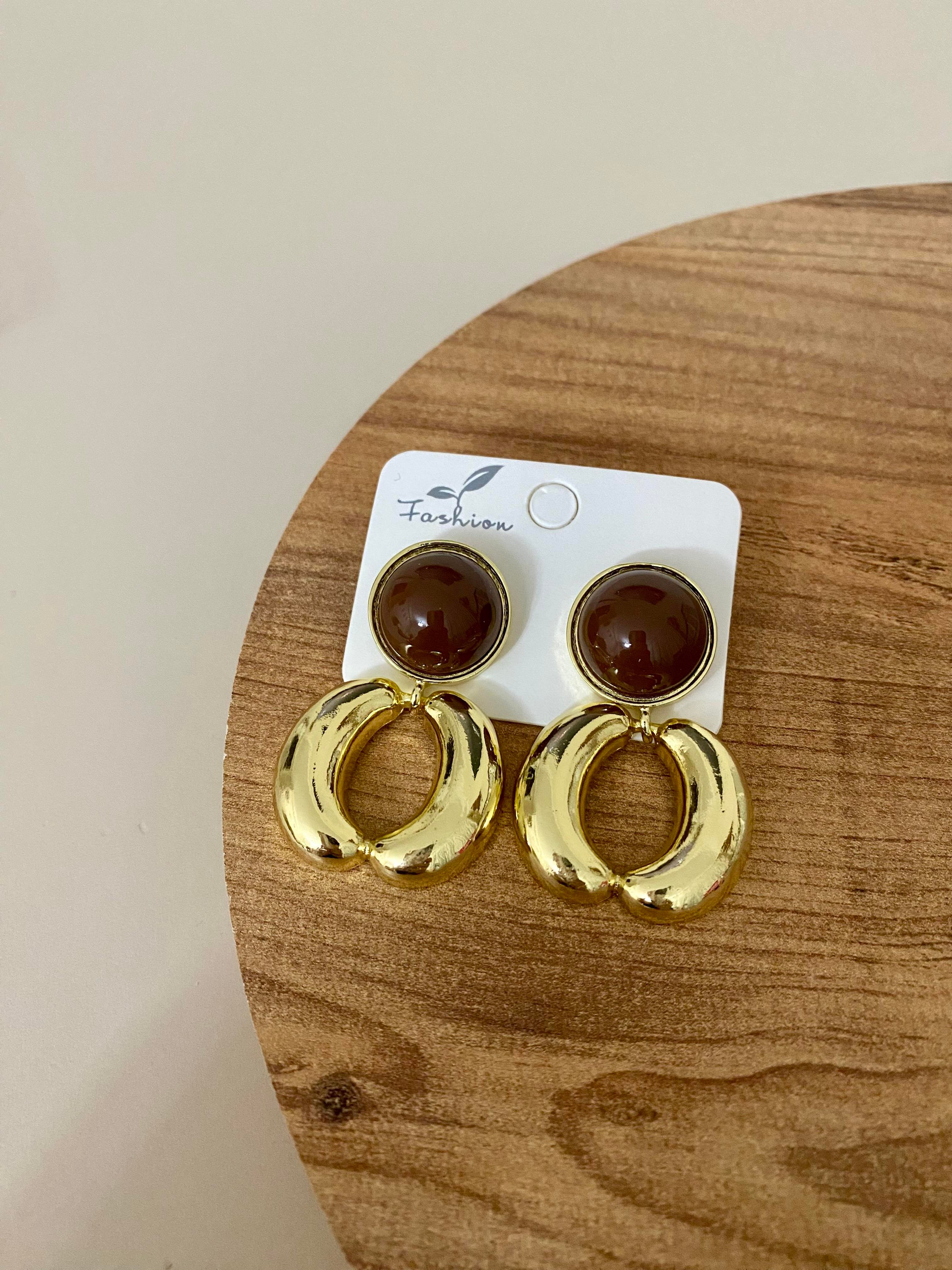 Gold Halka Model Kahve Mineli Küpe 