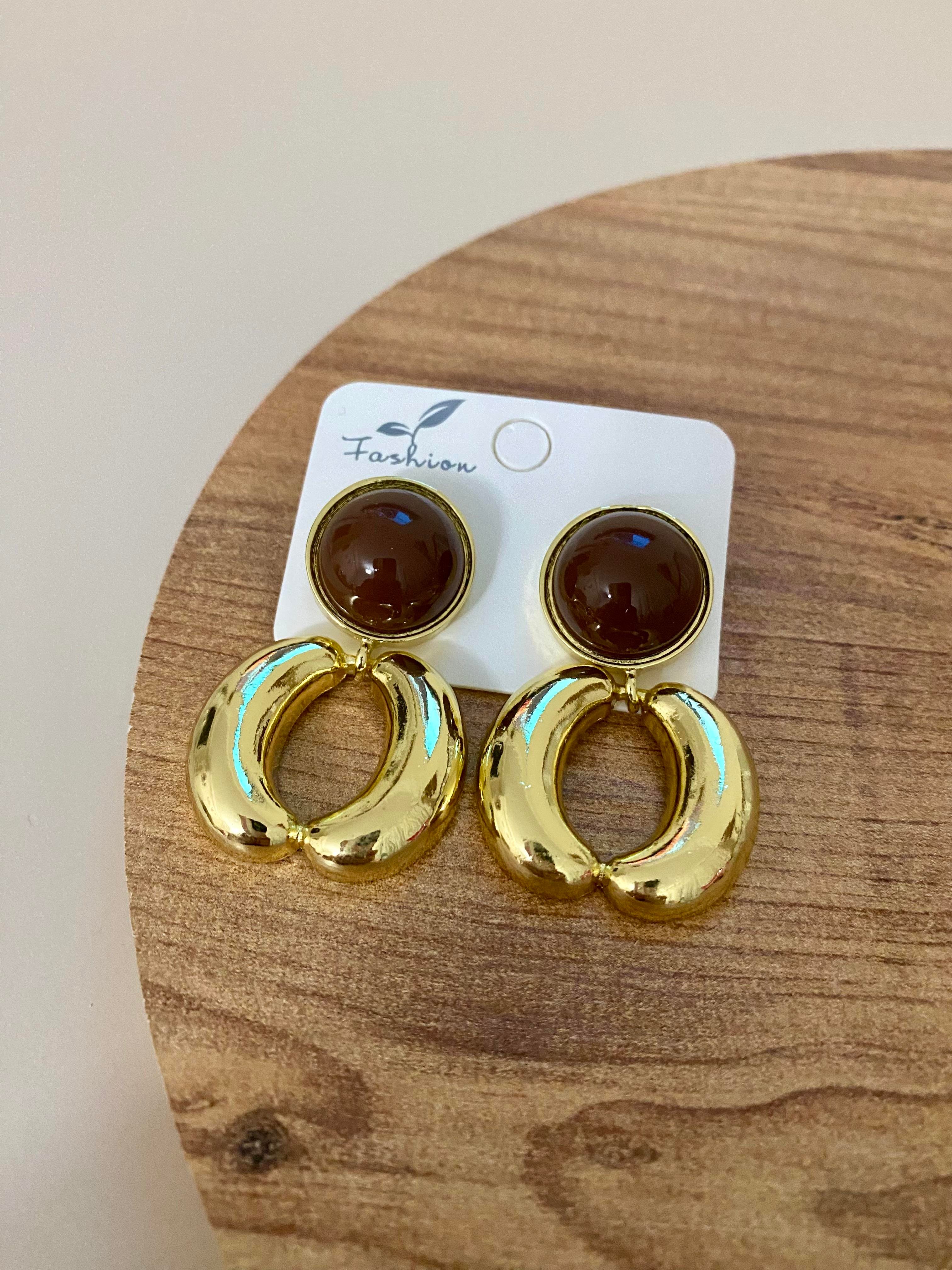 Gold Halka Model Kahve Mineli Küpe 