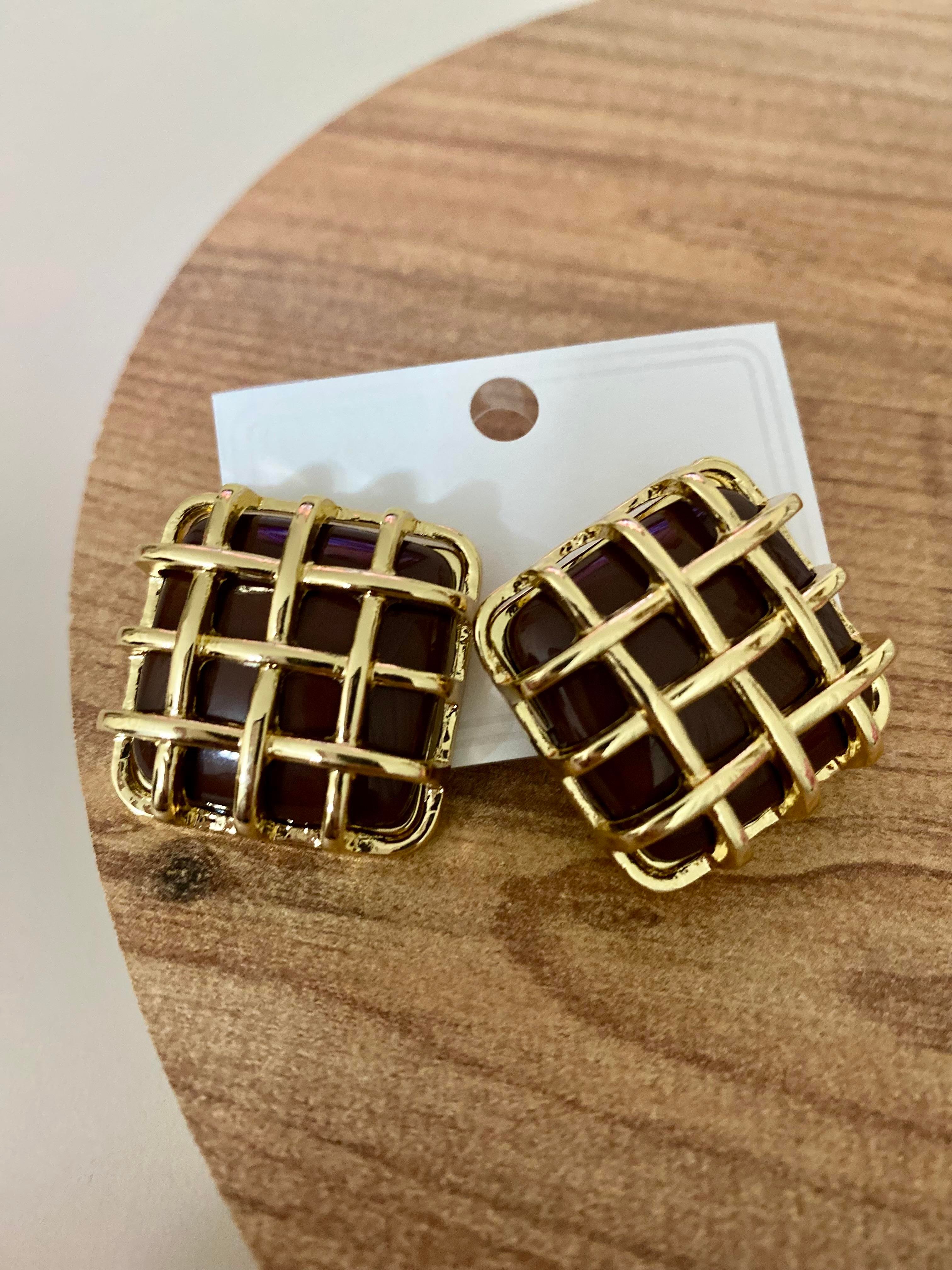 Gold Kahve Kafes Kare Küpe