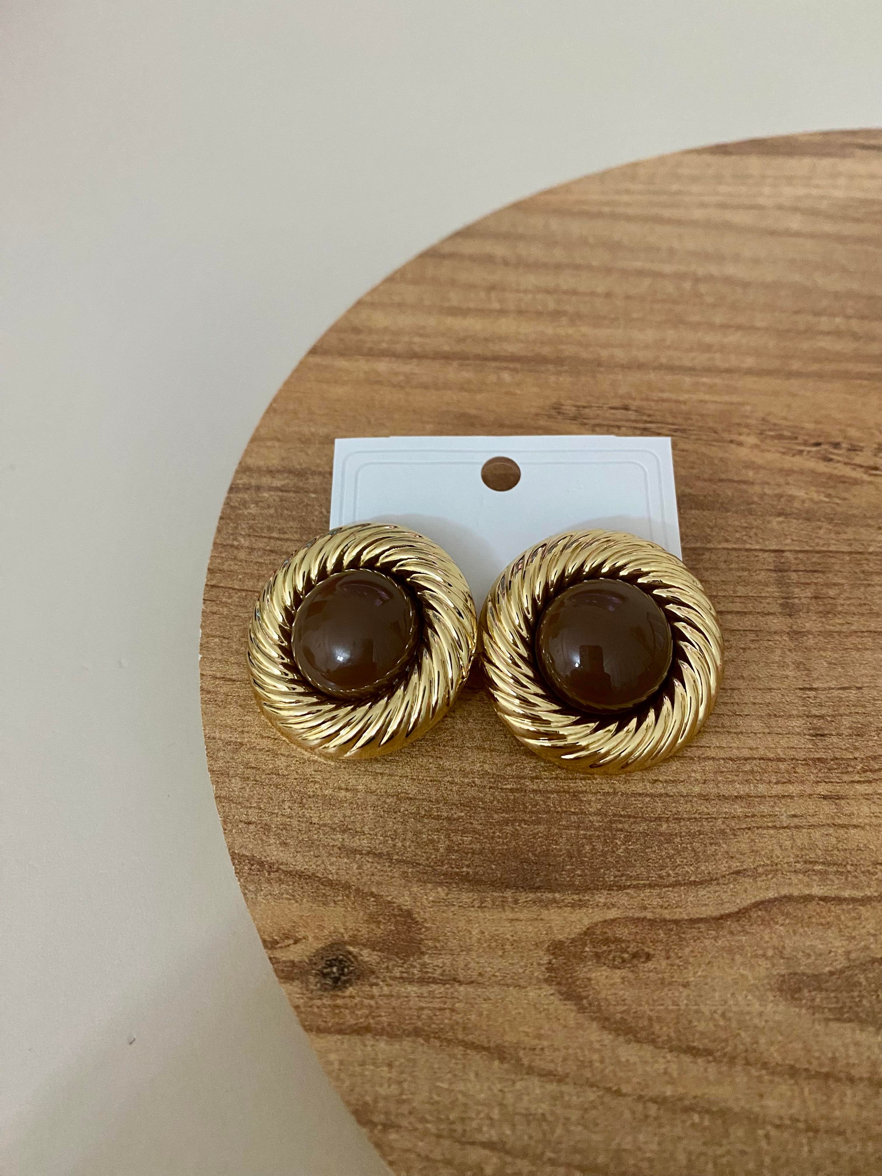 Gold Kahve Mineli Vintage Küpe