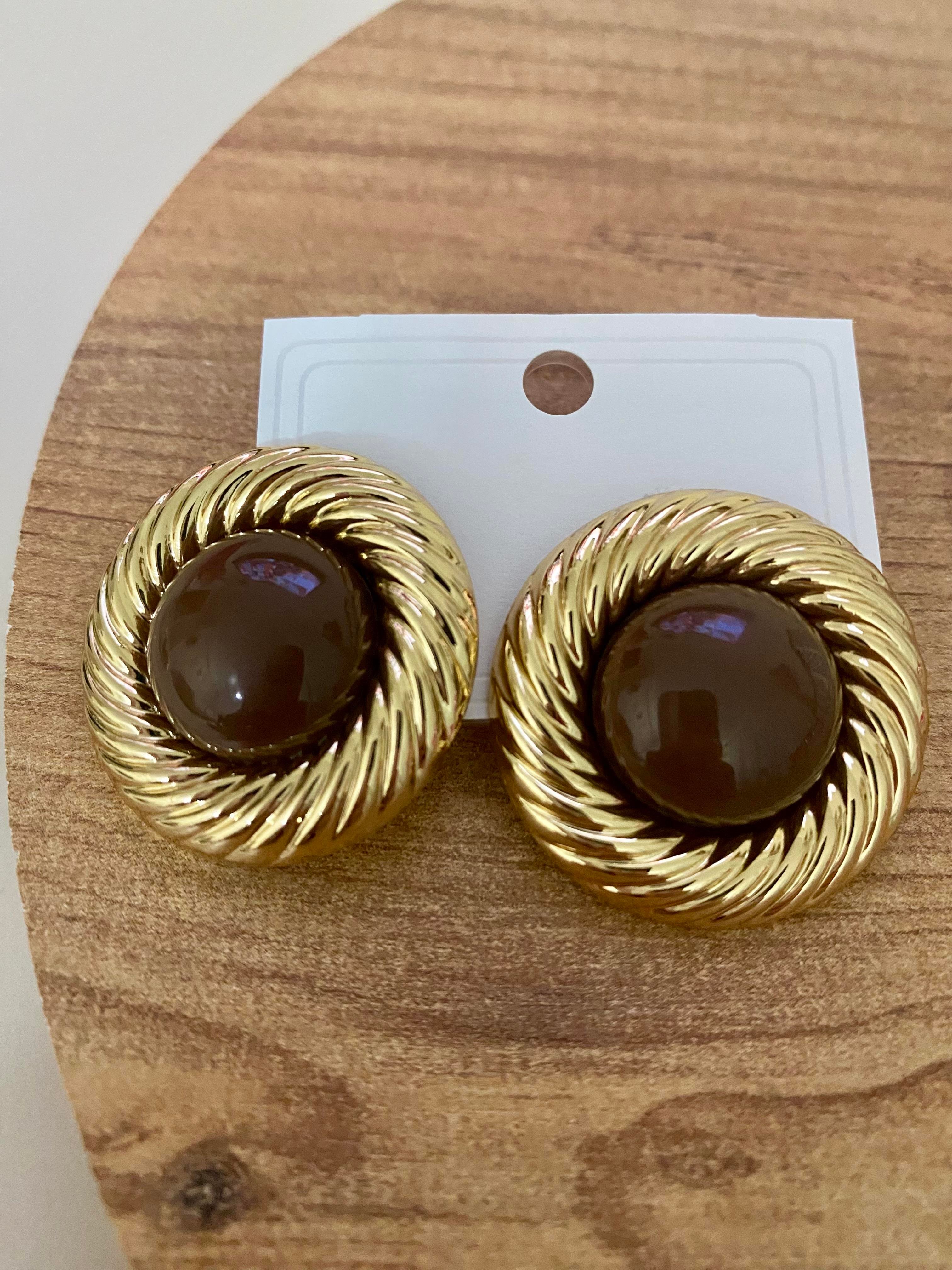 Gold Kahve Mineli Vintage Küpe