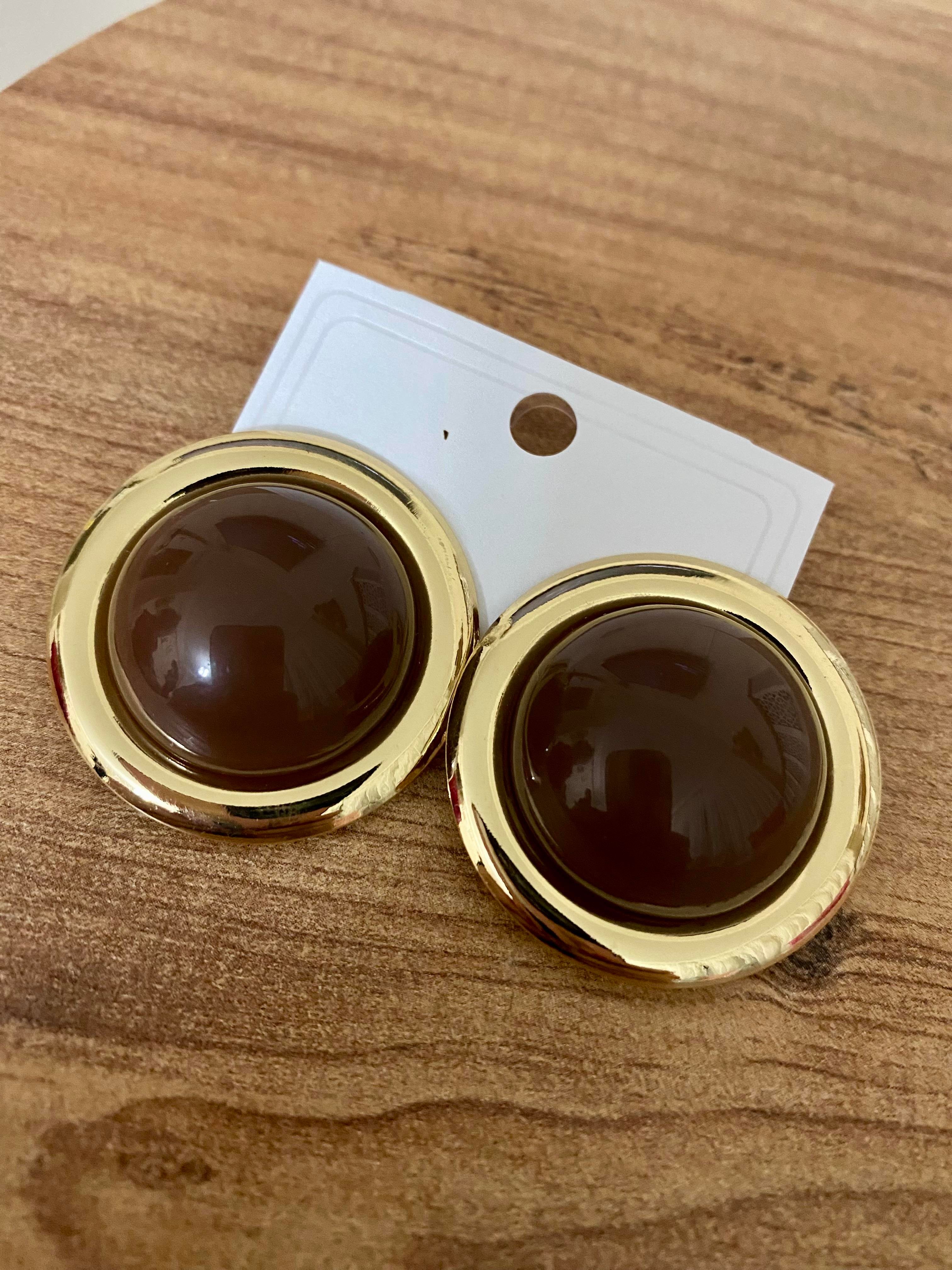 Gold Kahve Mineli Yuvarlak Küpe 
