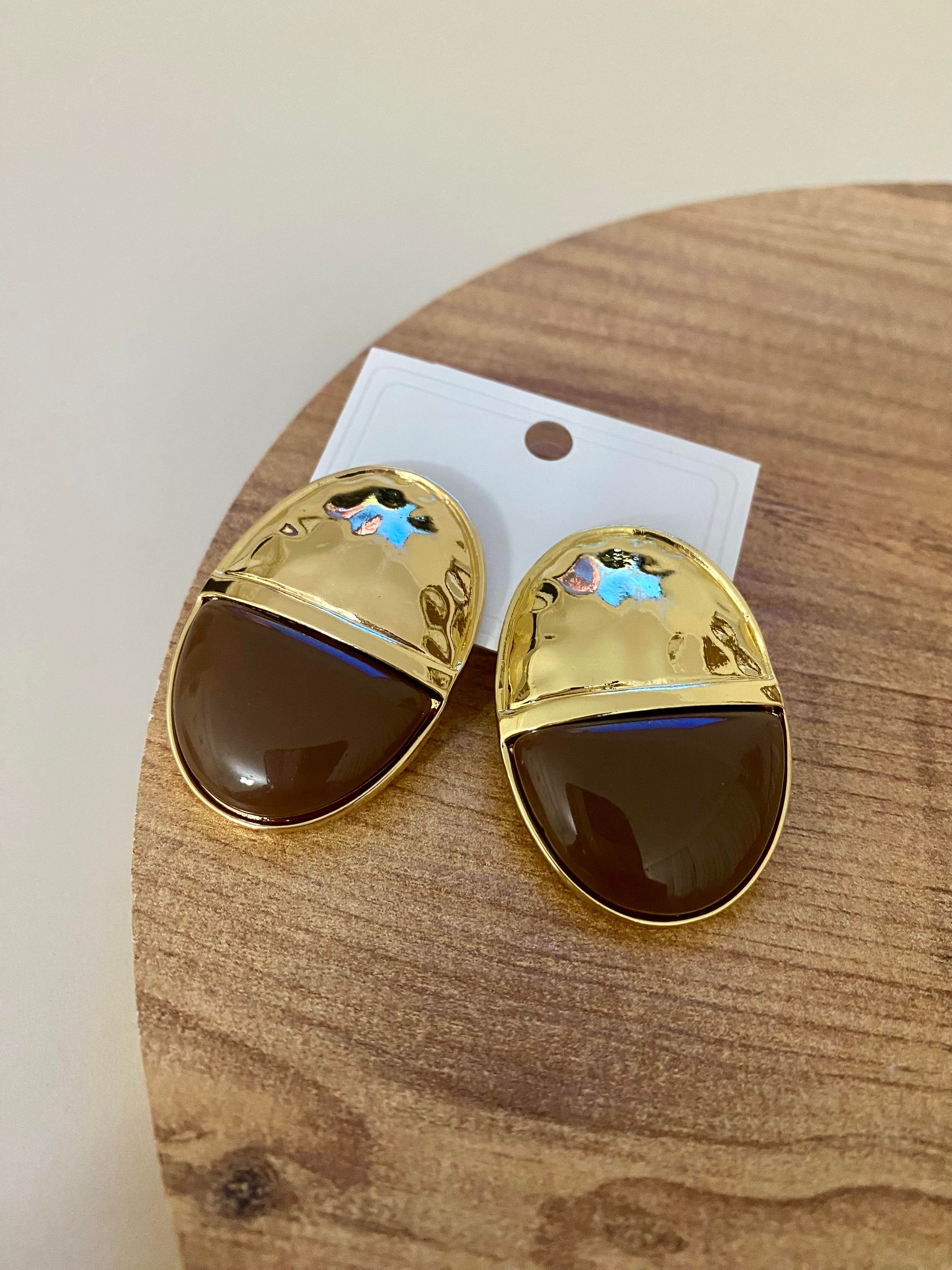 Gold Kahve Oval Plaka Küpe