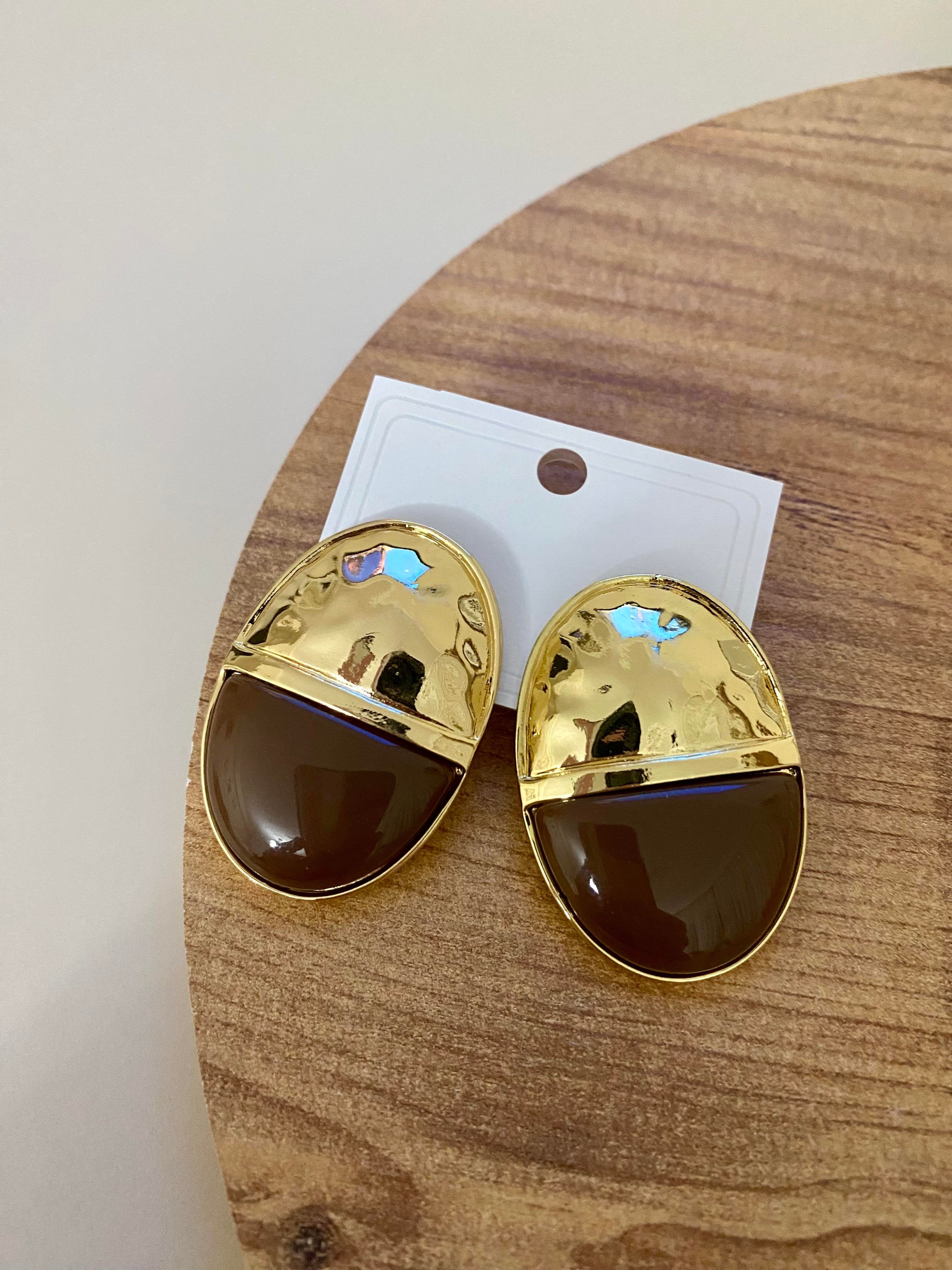 Gold Kahve Oval Plaka Küpe