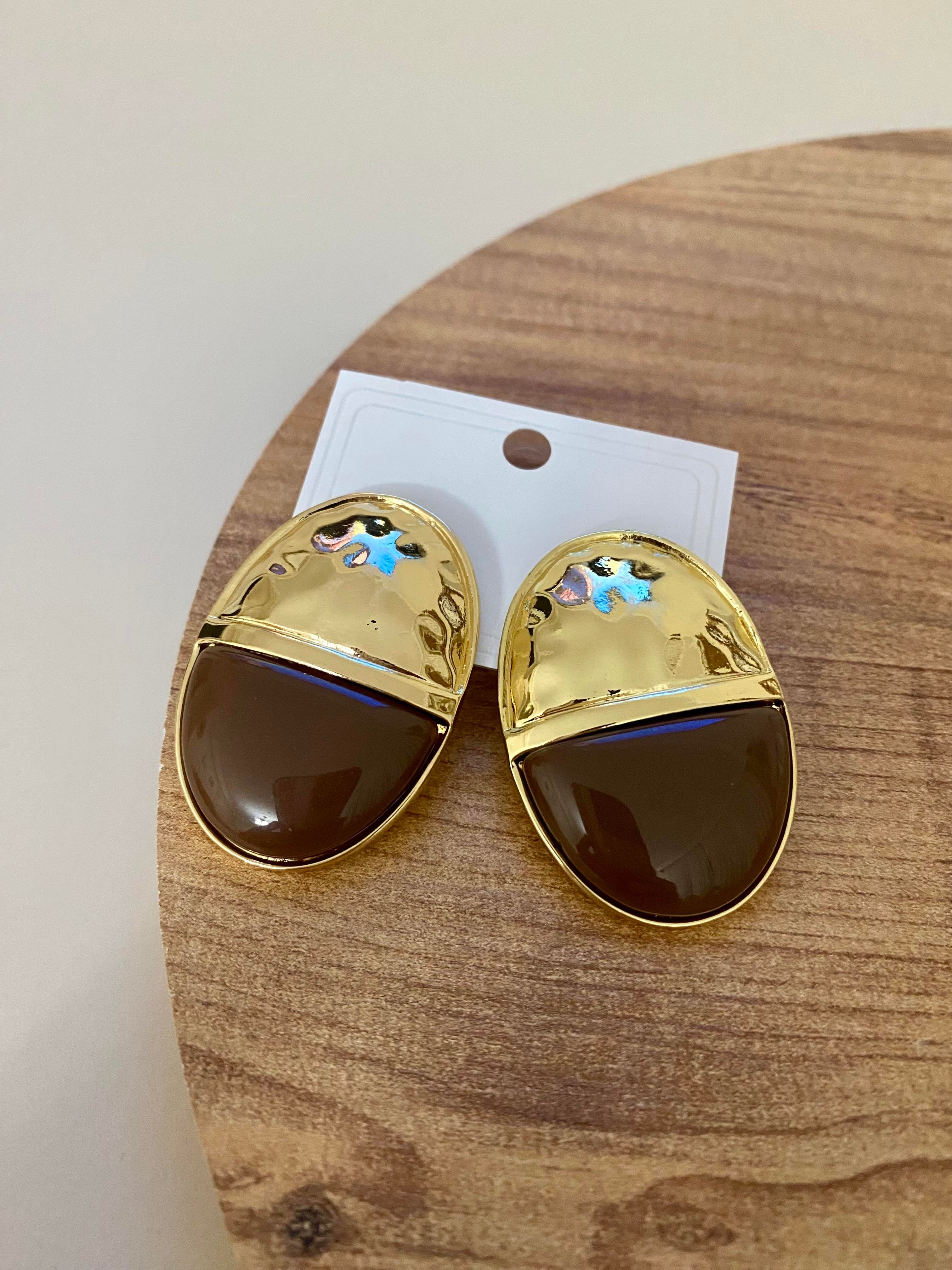 Gold Kahve Oval Plaka Küpe