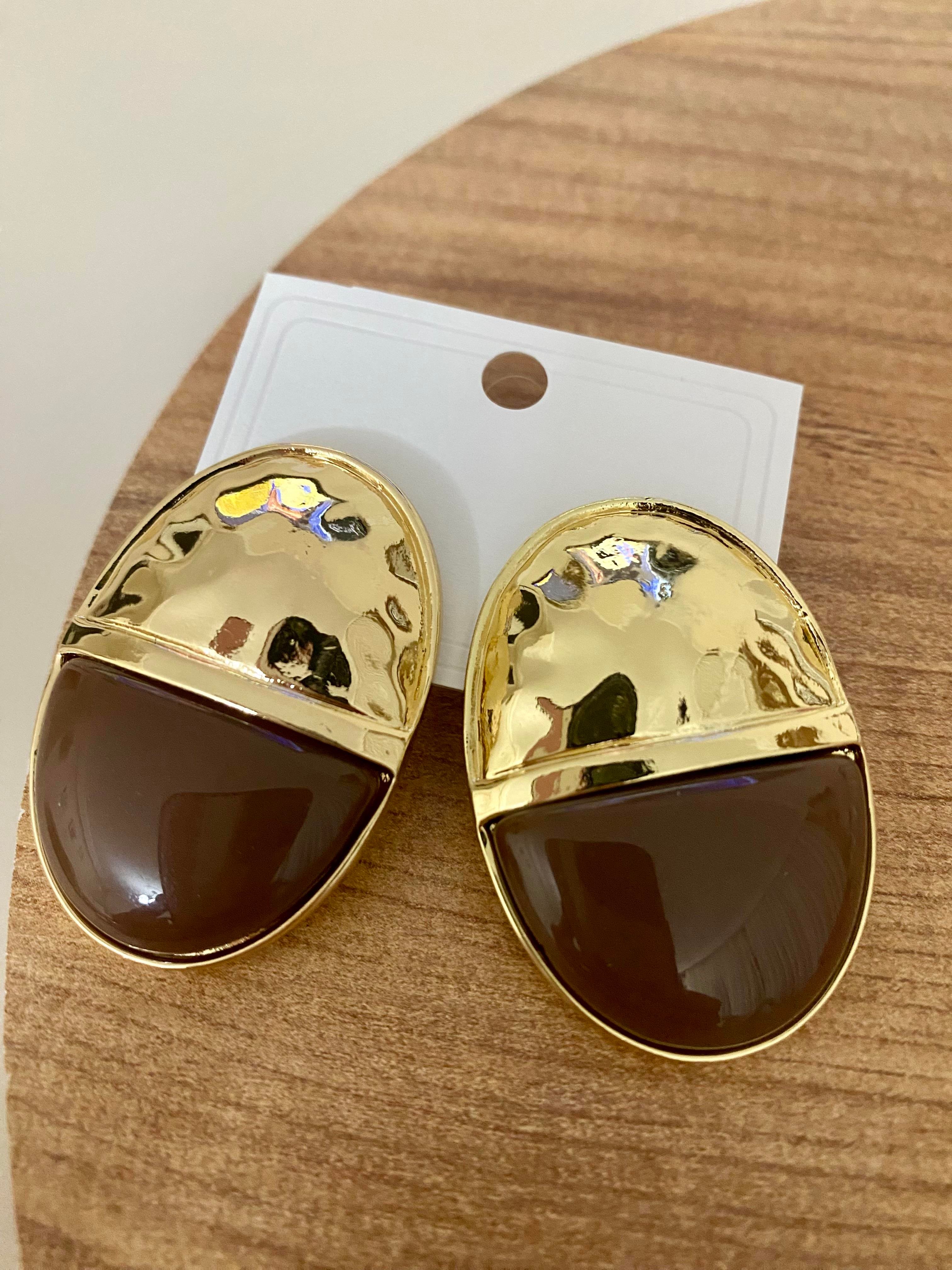 Gold Kahve Oval Plaka Küpe