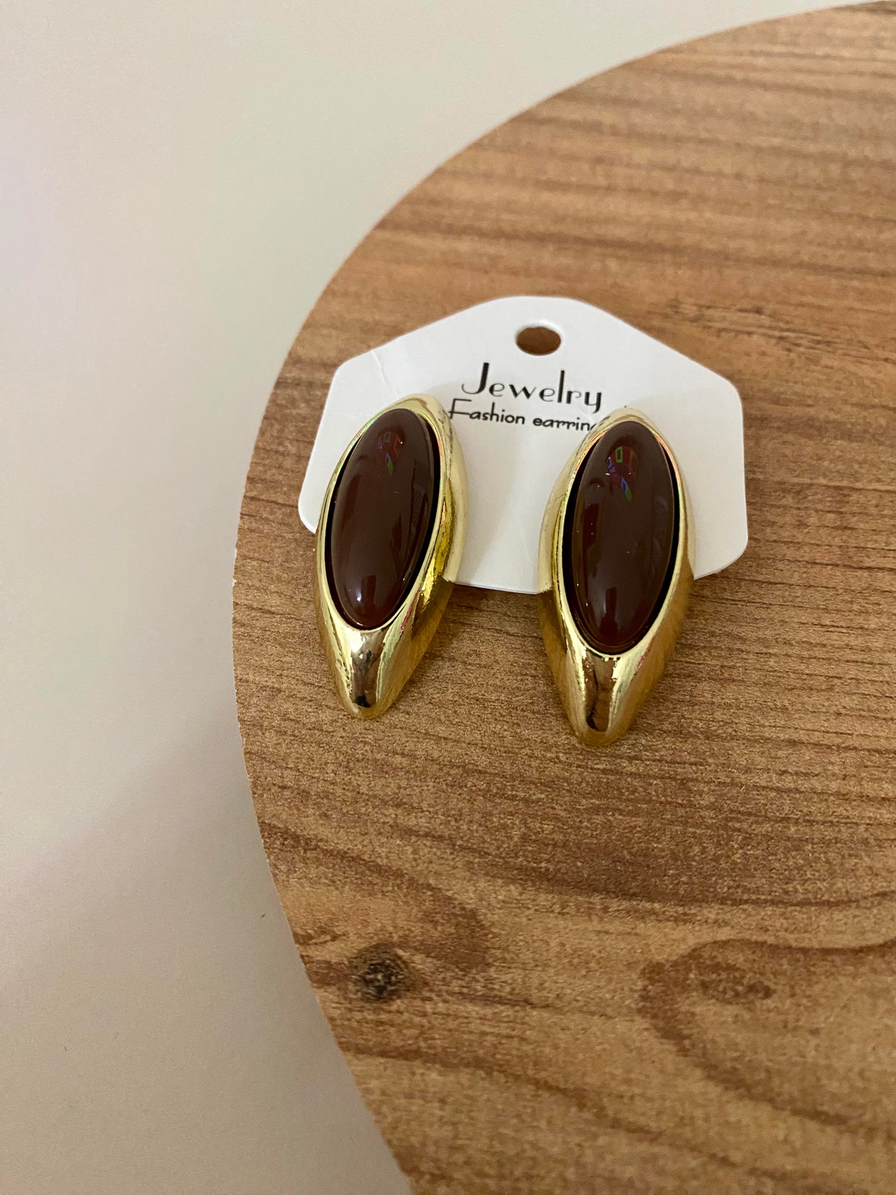 Gold Kahve Taşlı Oval Küpe 