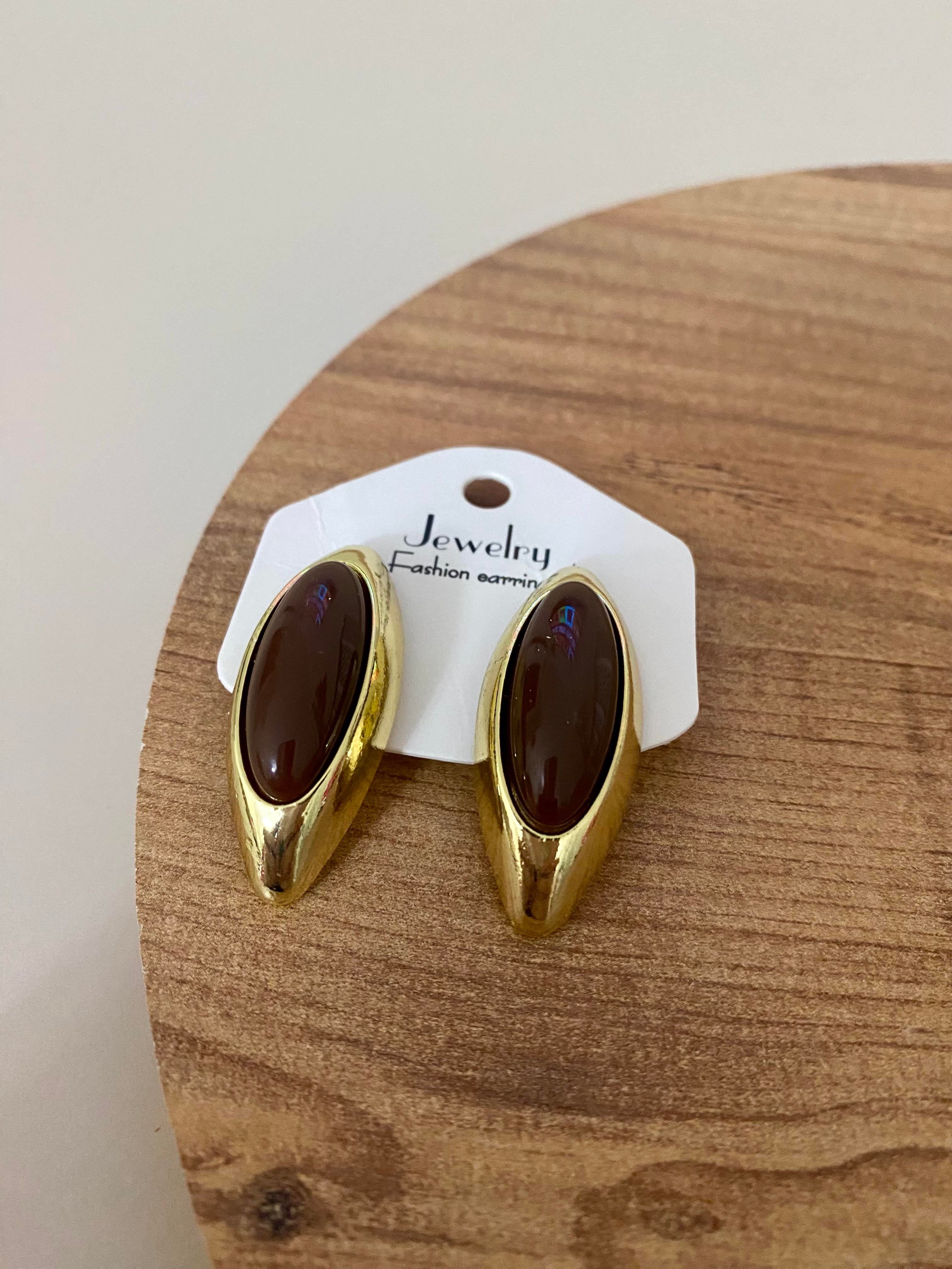 Gold Kahve Taşlı Oval Küpe 