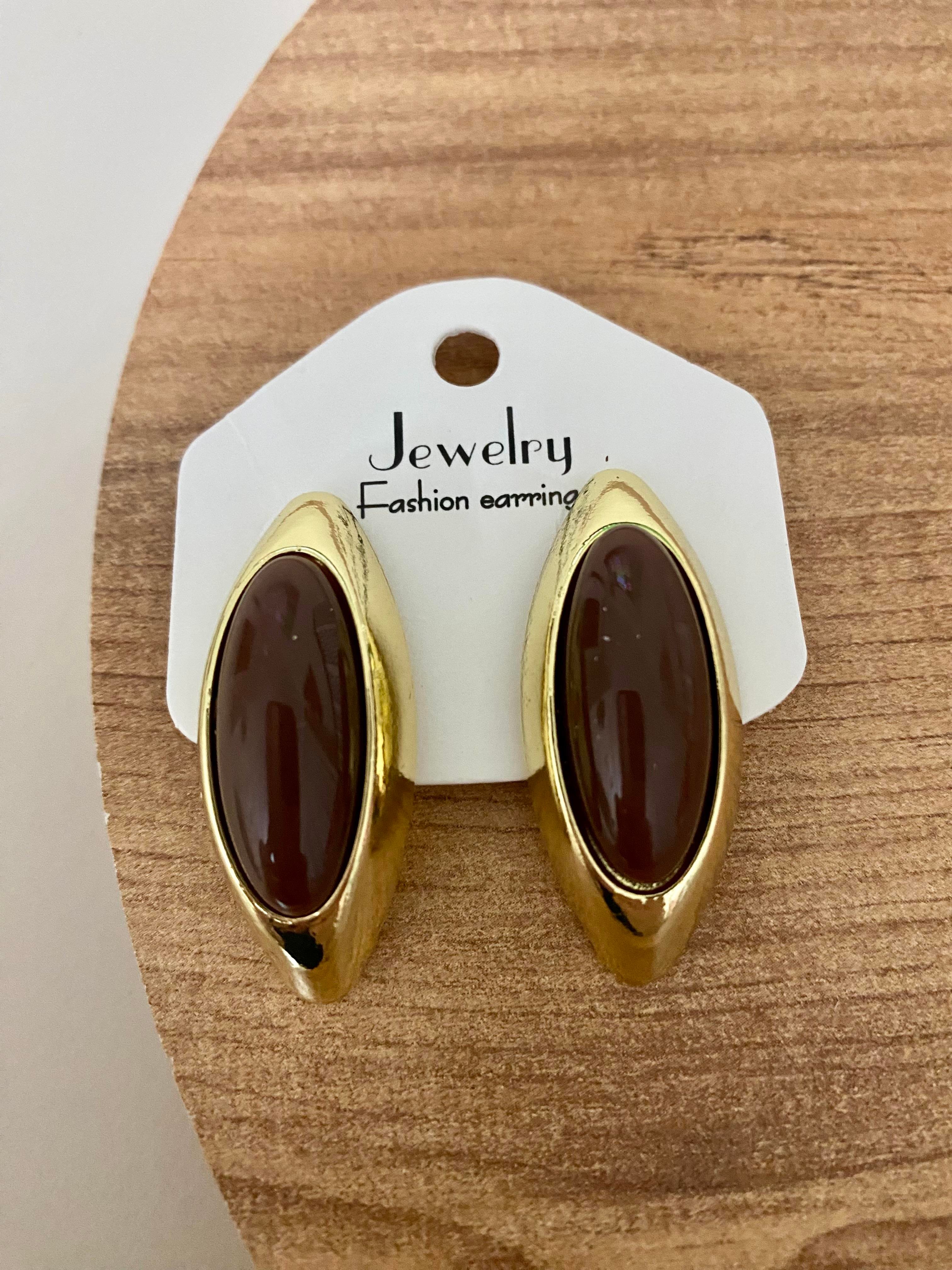 Gold Kahve Taşlı Oval Küpe 