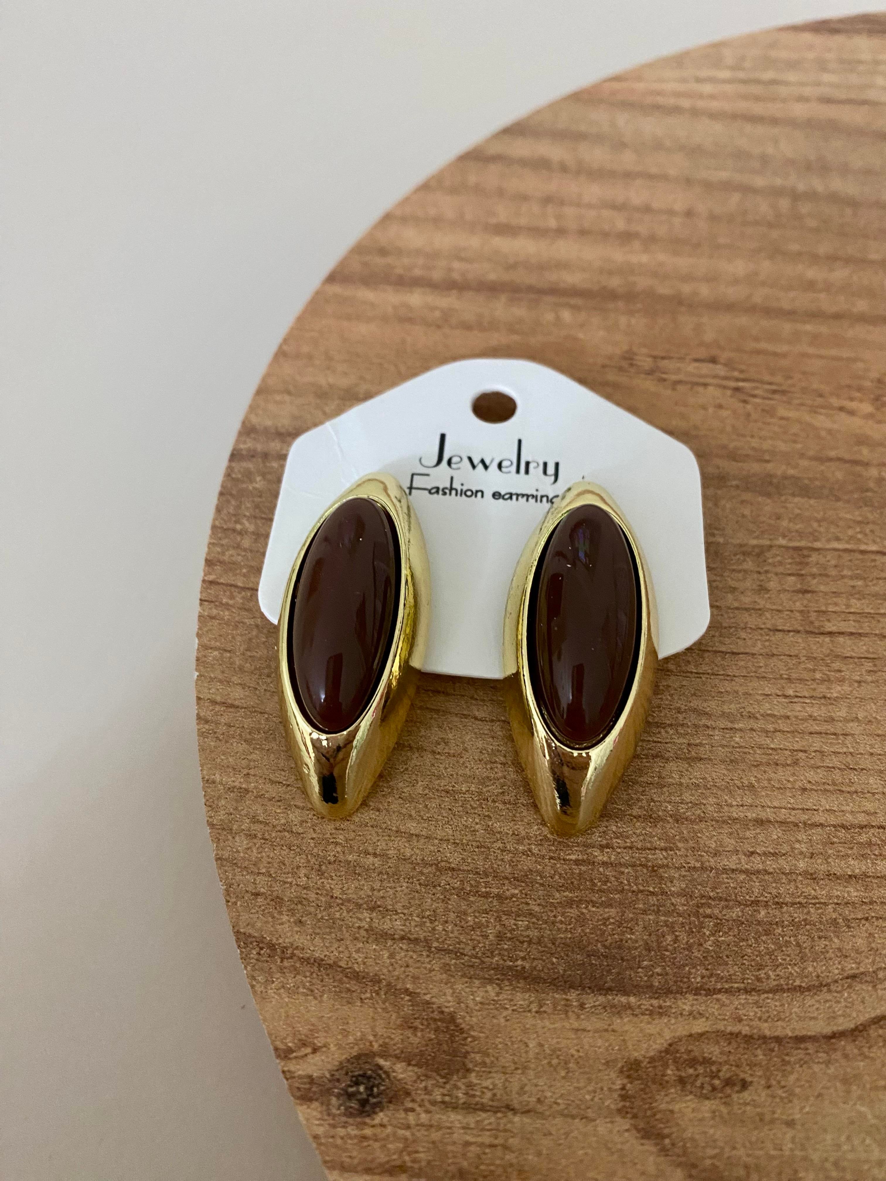 Gold Kahve Taşlı Oval Küpe 