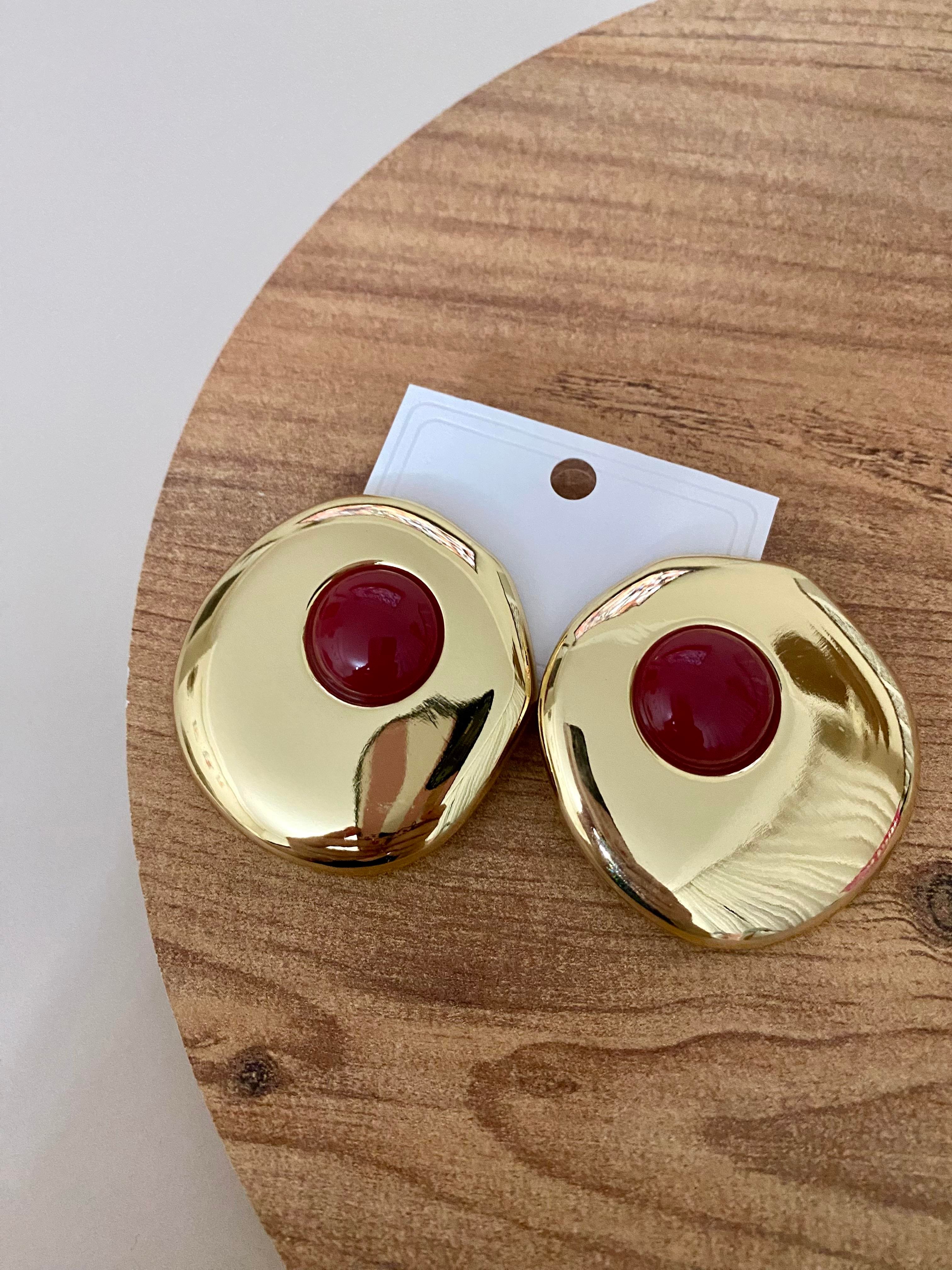Gold Oval Bordo Mineli Küpe 