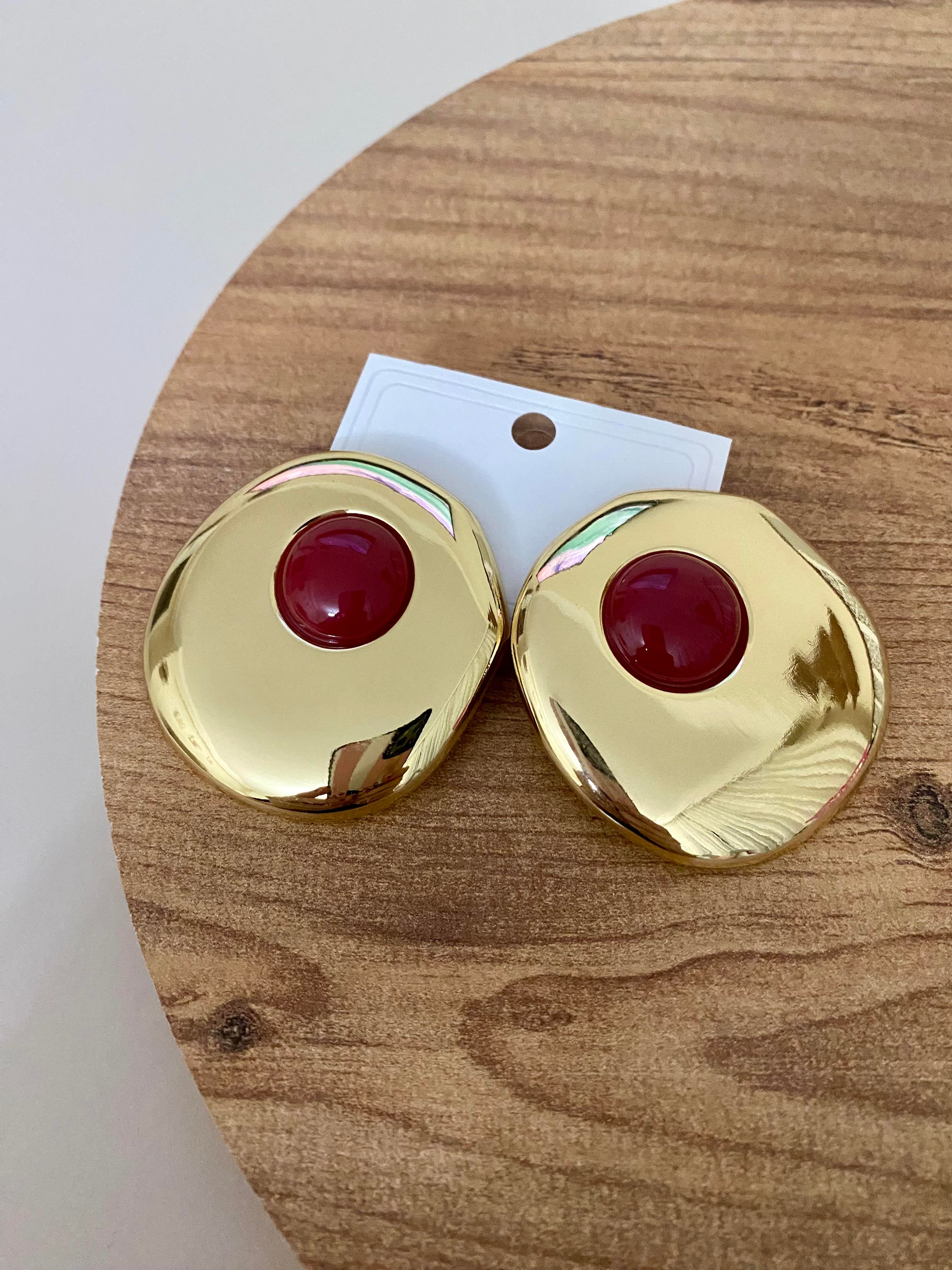 Gold Oval Bordo Mineli Küpe 