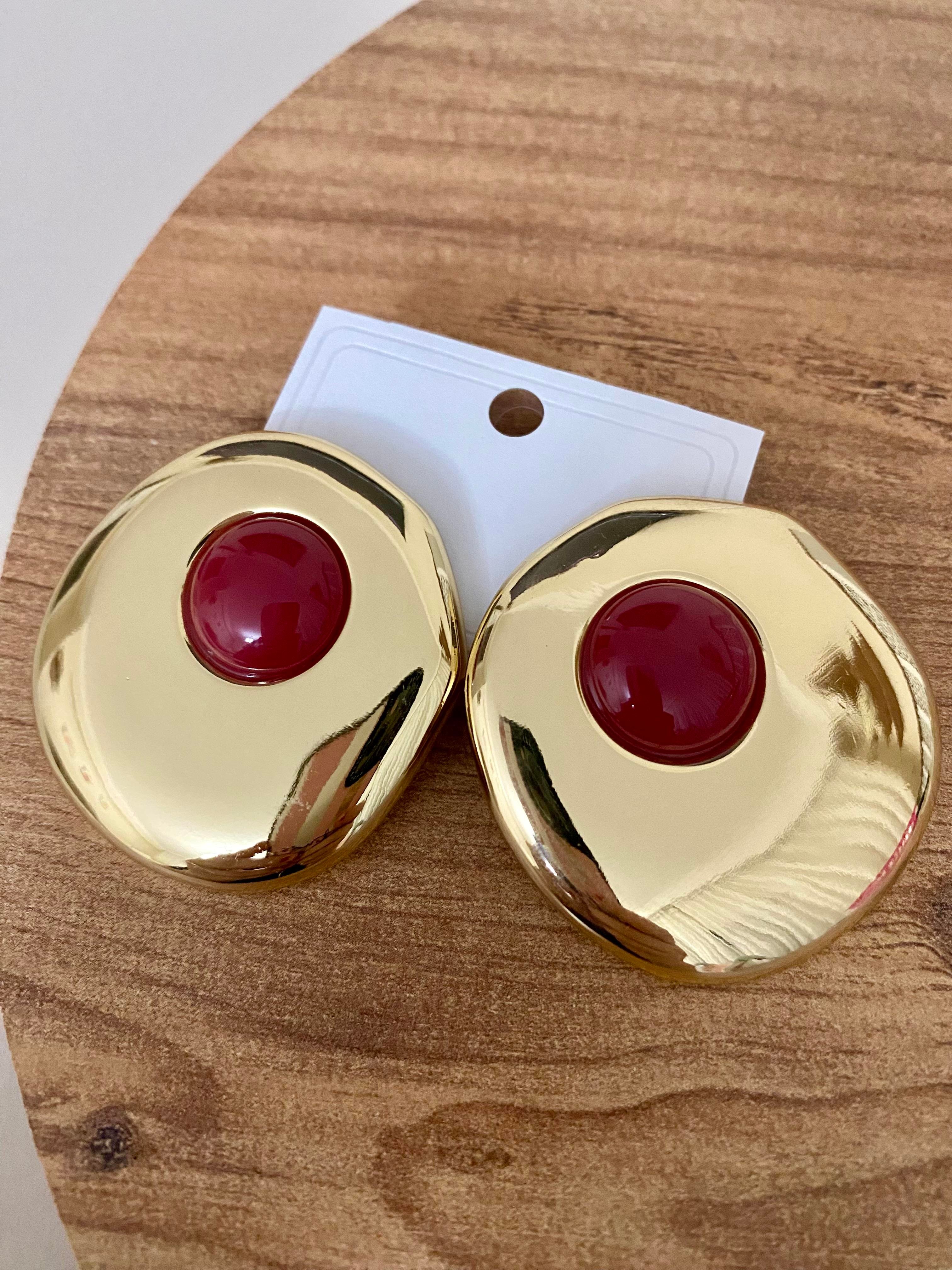 Gold Oval Bordo Mineli Küpe 