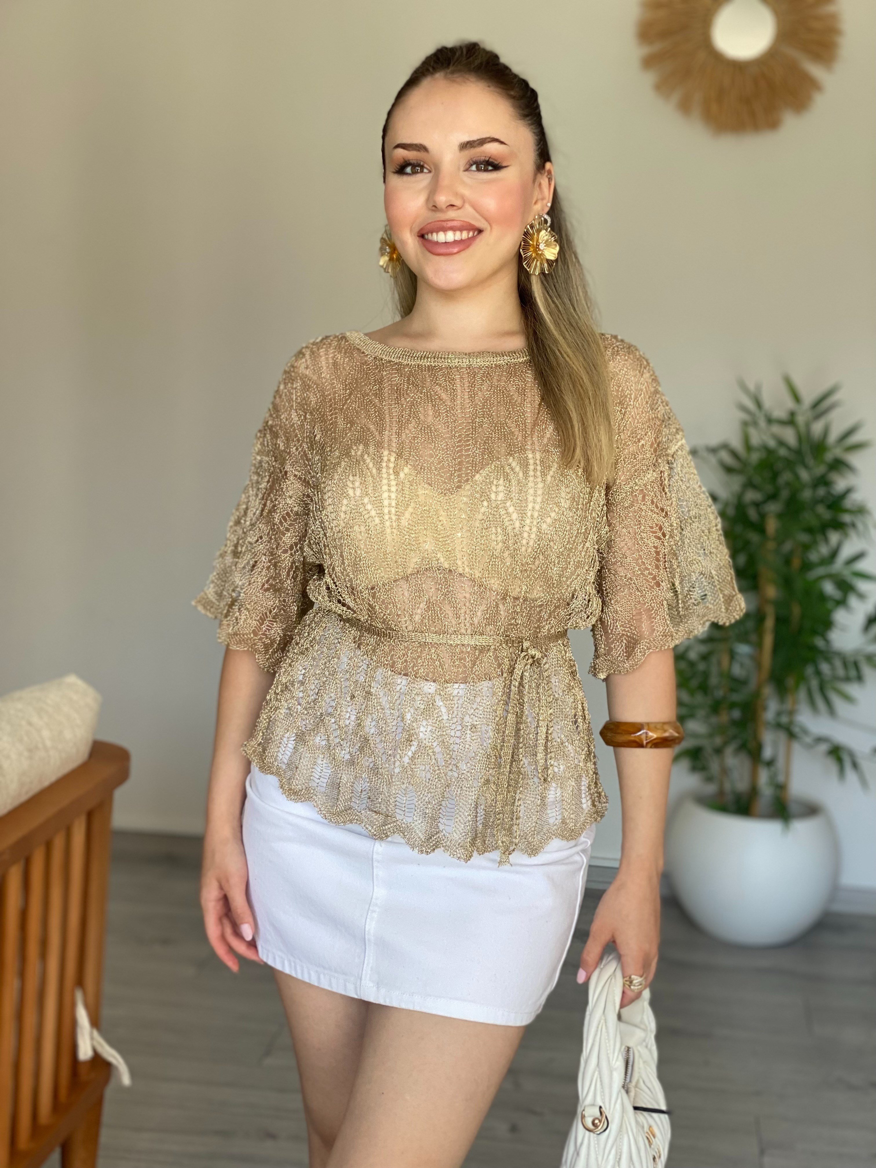 Gold Renk Beli Kuşaklı File Bluz 