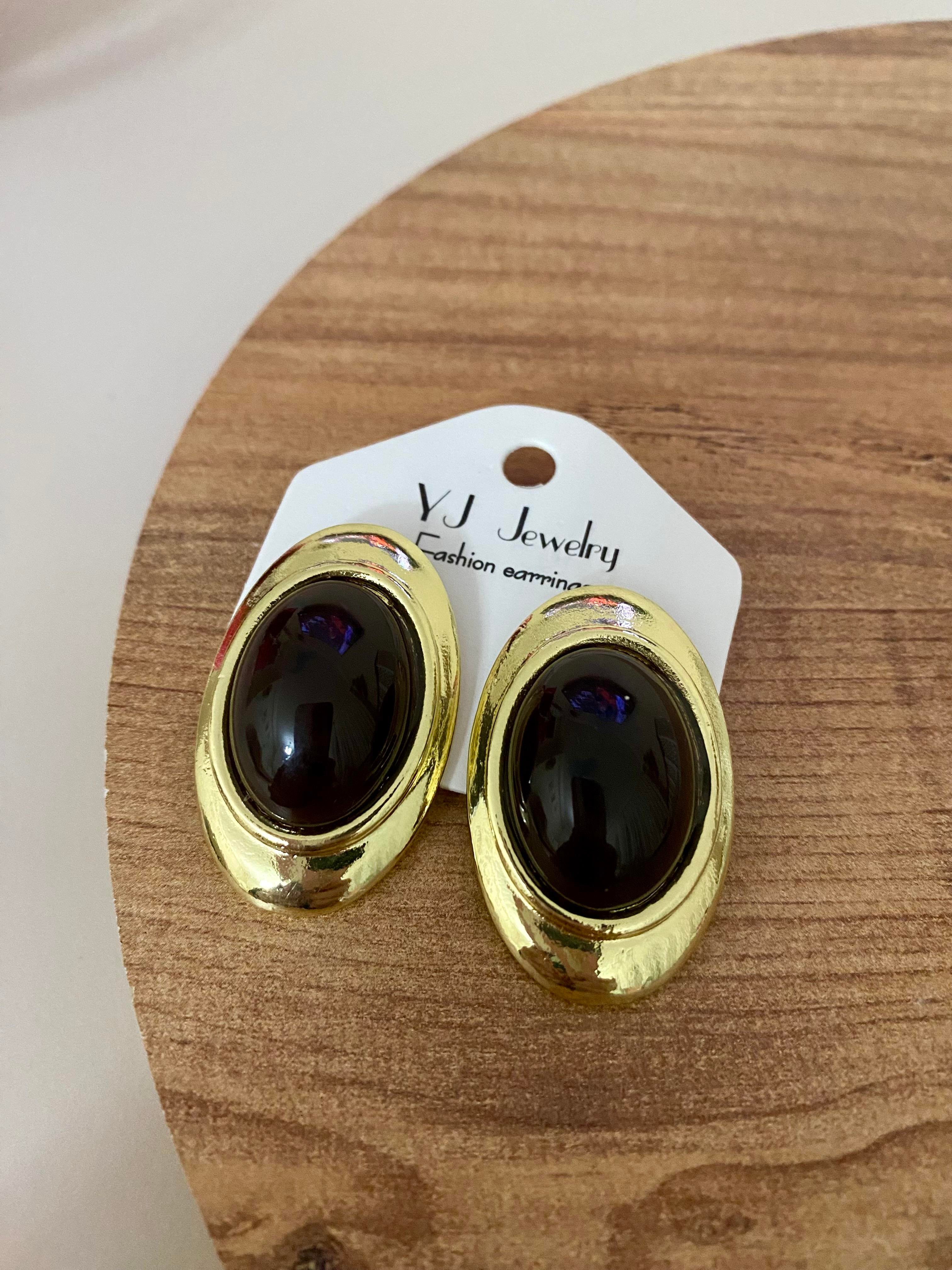 Gold Siyah Marka Model Oval Küpe