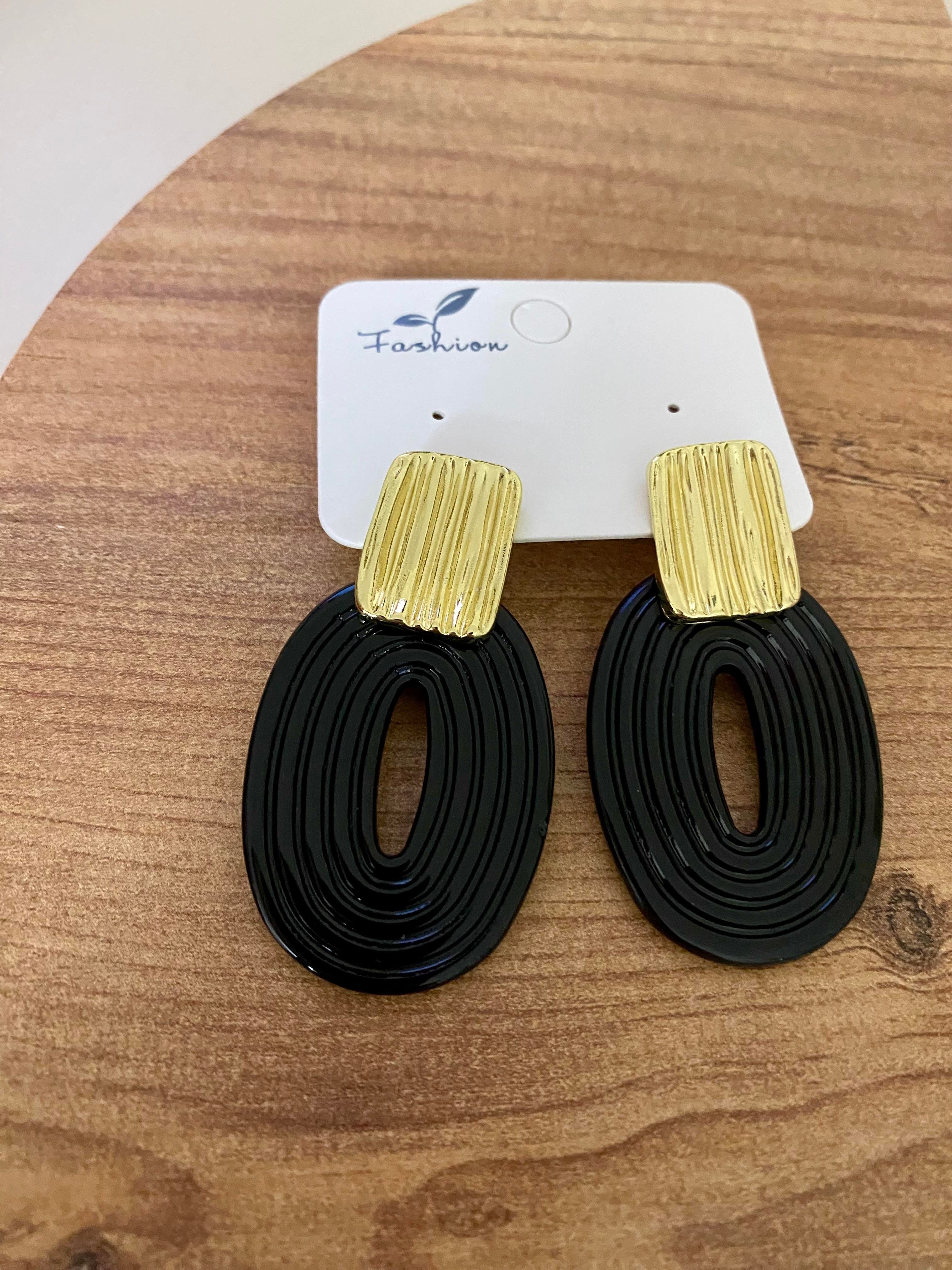 Gold Siyah Oval Küpe 