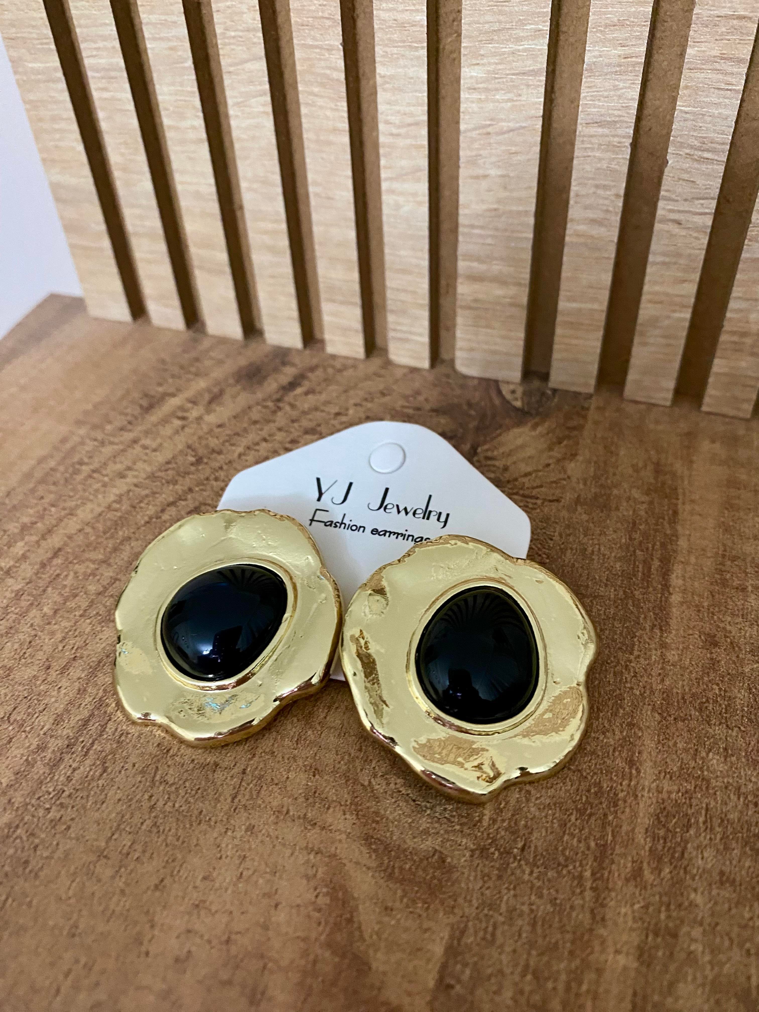 Gold Siyah Taşlı Marka Model Çiçek Küpe