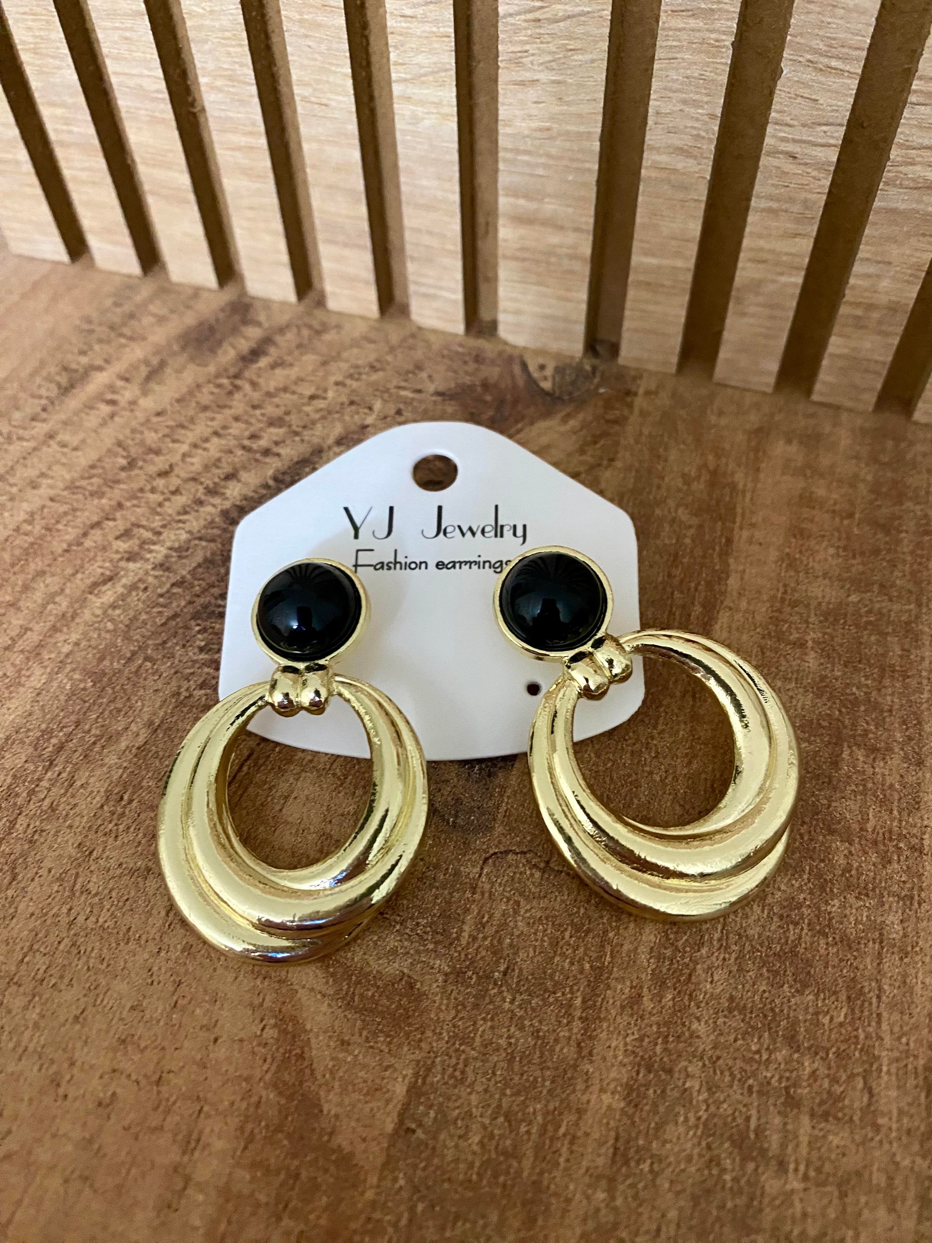 Gold Siyah Taşlı Marka Model Halka Küpe