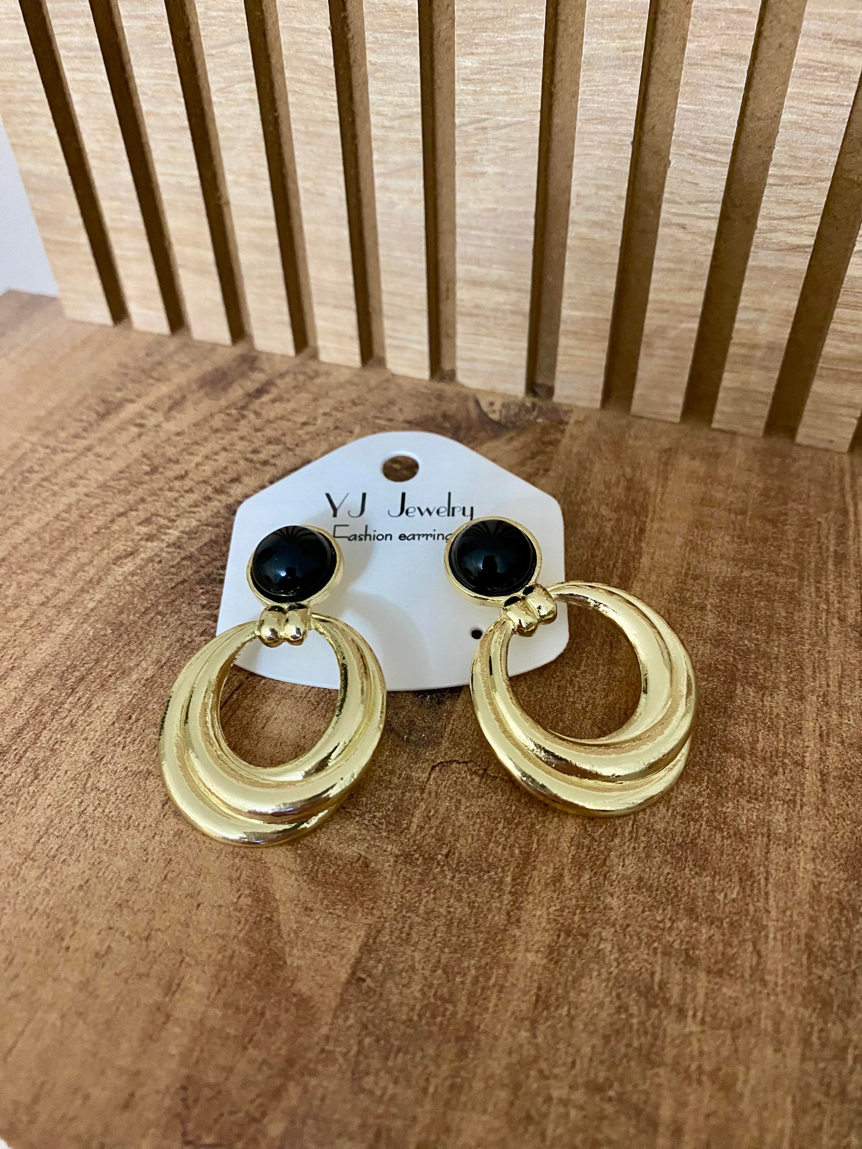 Gold Siyah Taşlı Marka Model Halka Küpe