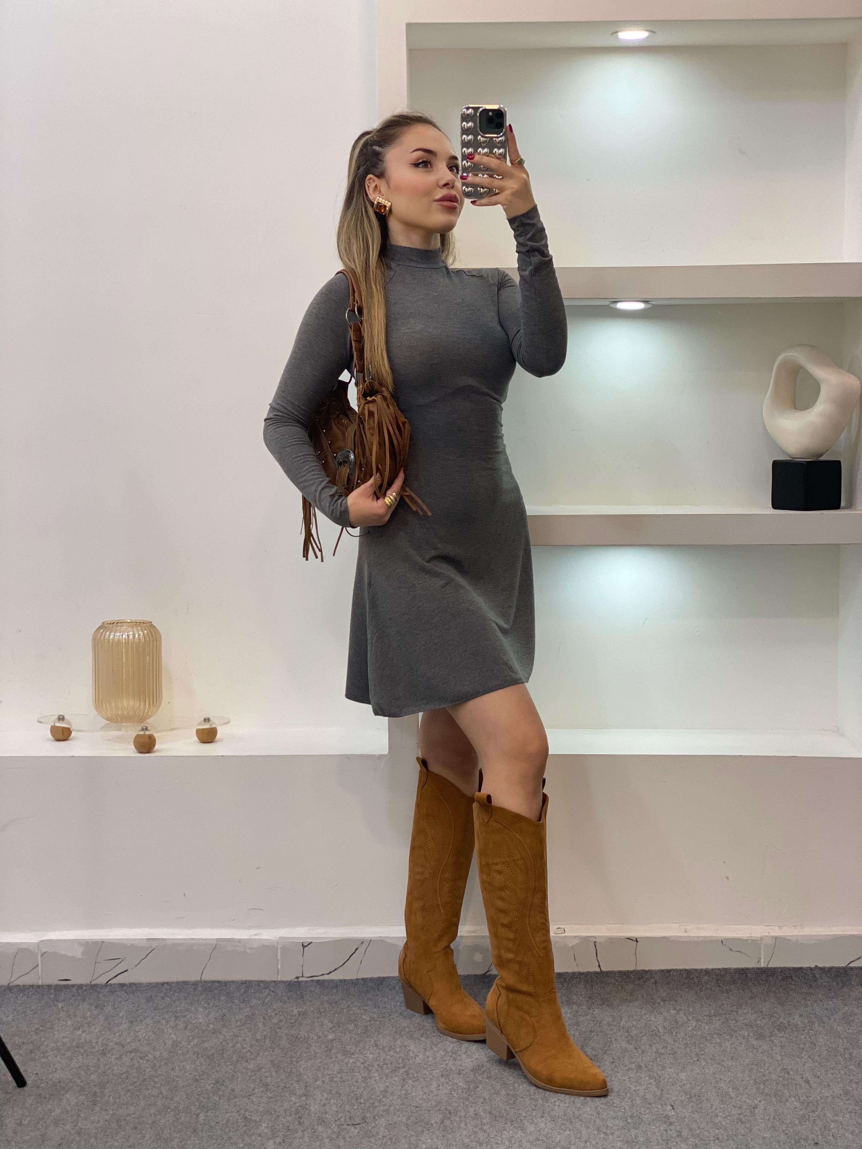 Gri Yarım Boğazlı Modal Elbise