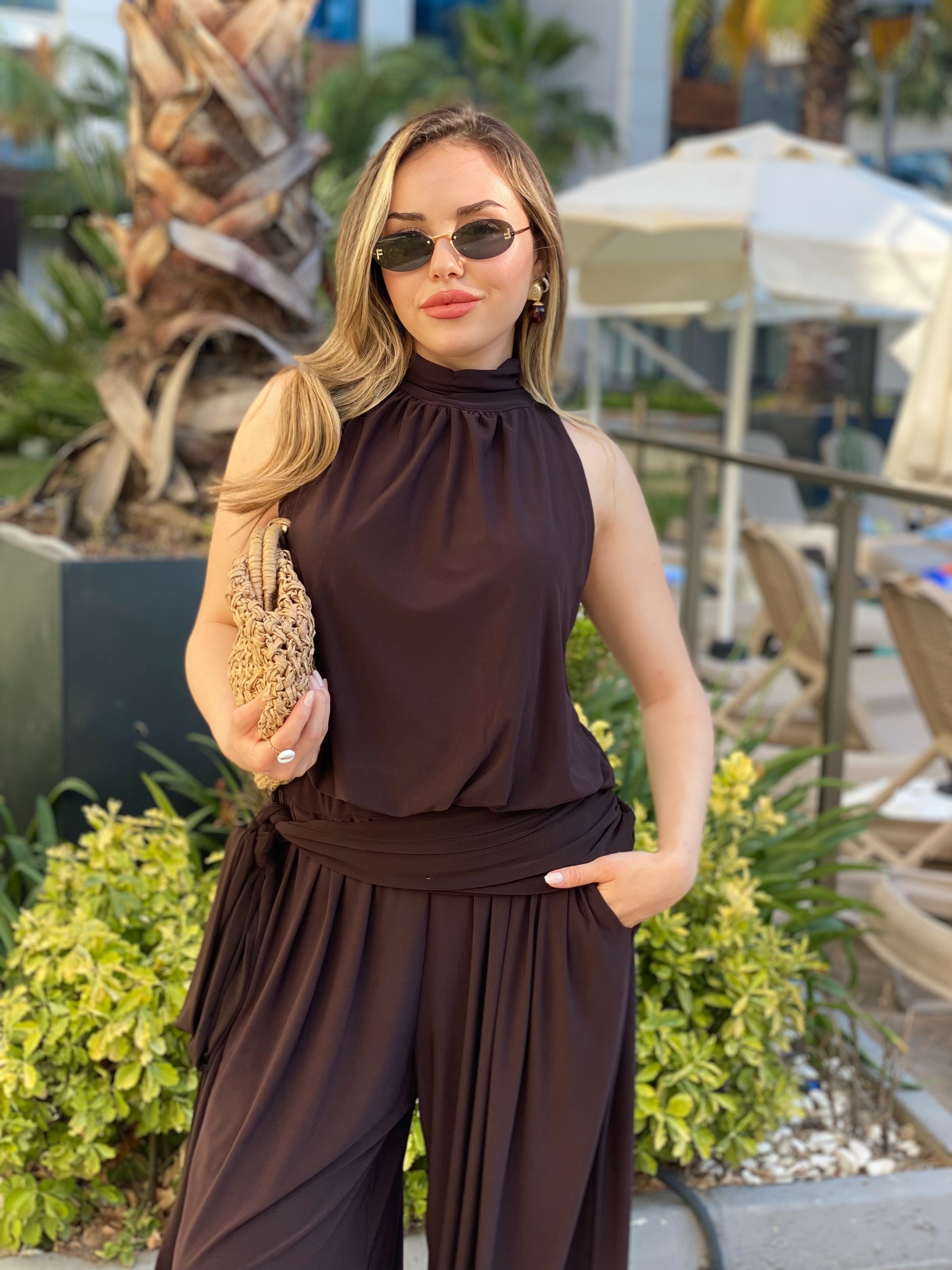 Kahve 3 lü Sandy Kumaş Likralı Takım