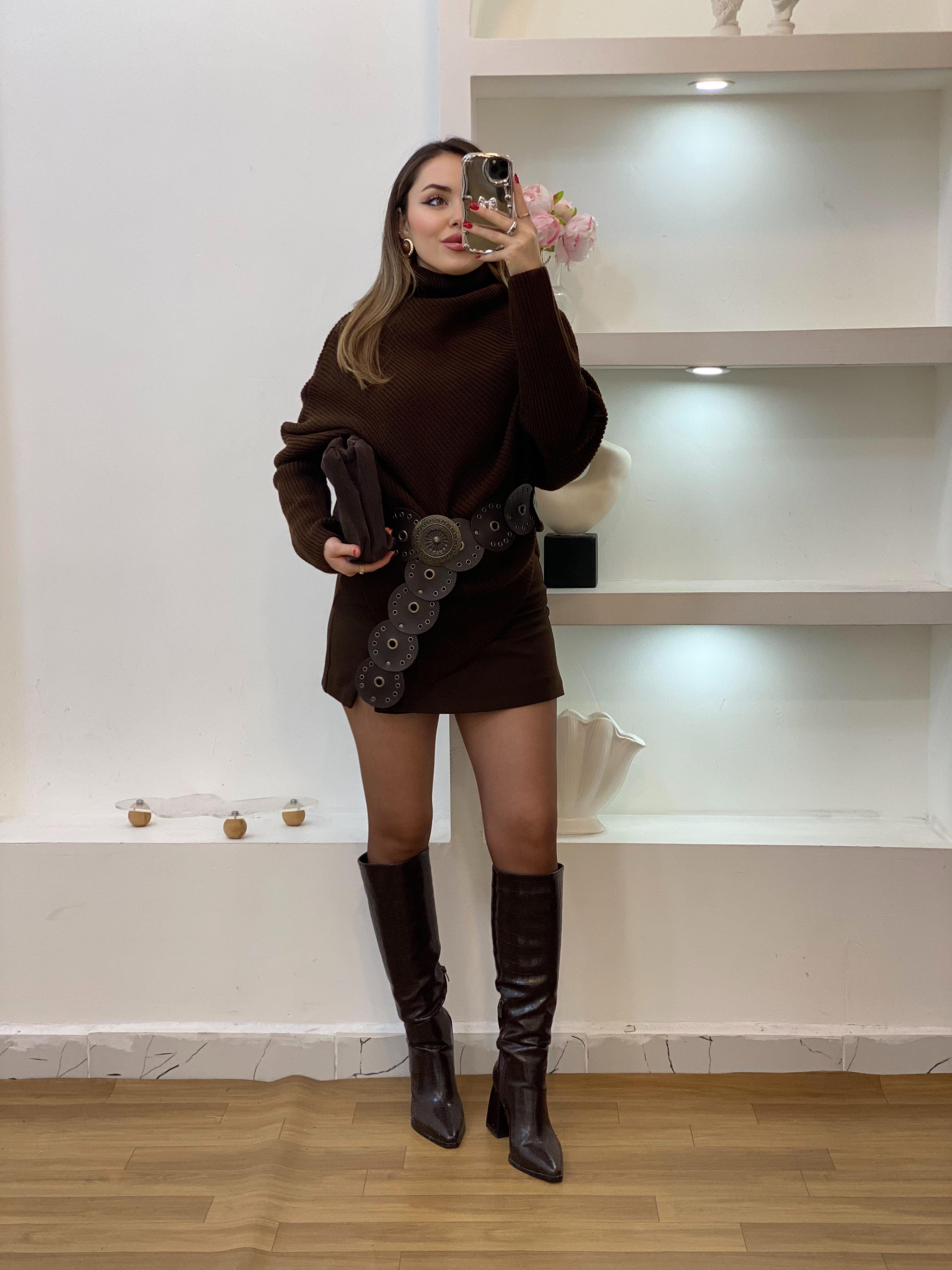 Kahve Asimetrik Model Boğazlı Kazak