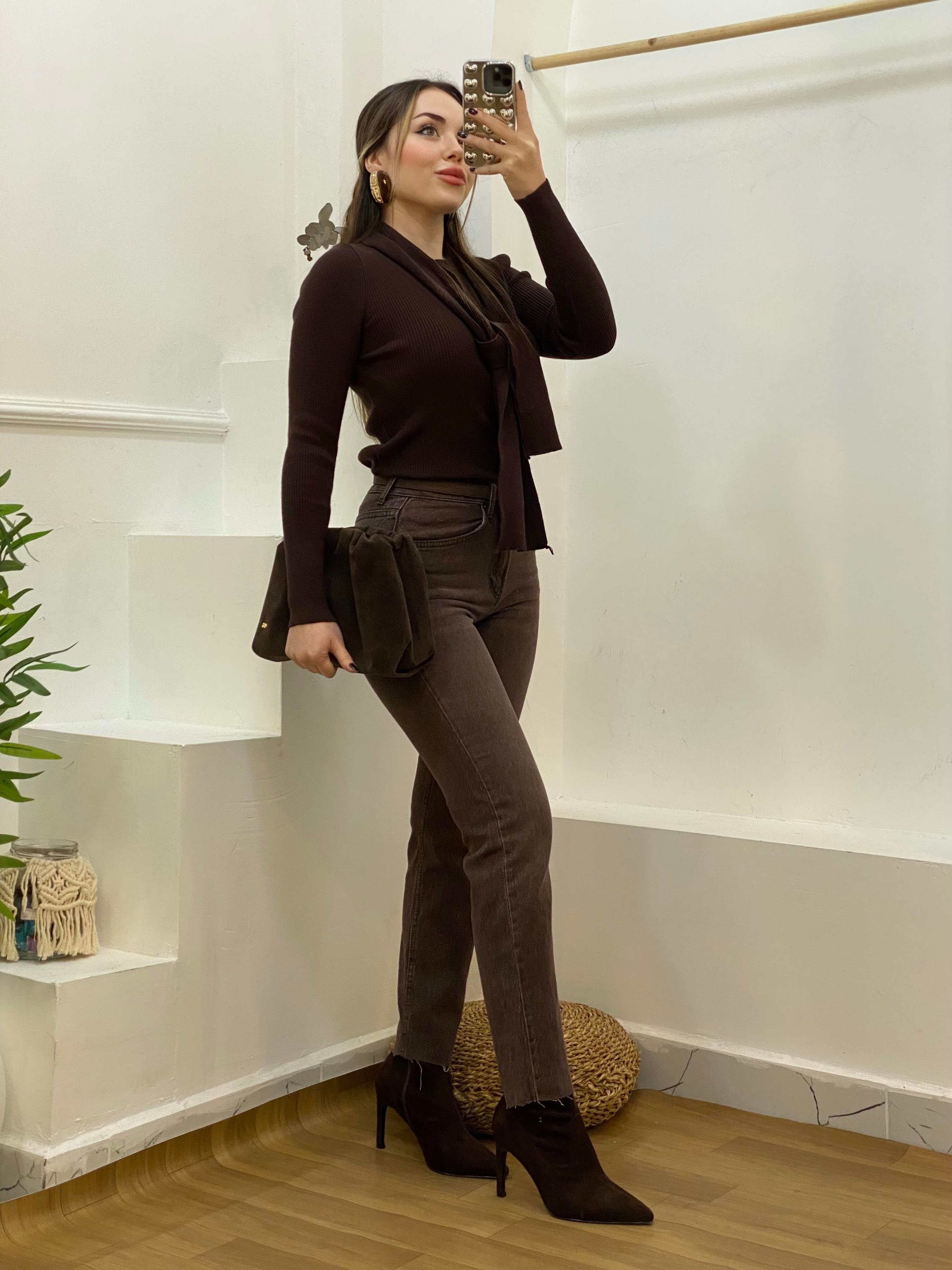 Kahve Atkı Detaylı Premium Elit Triko Hırka 