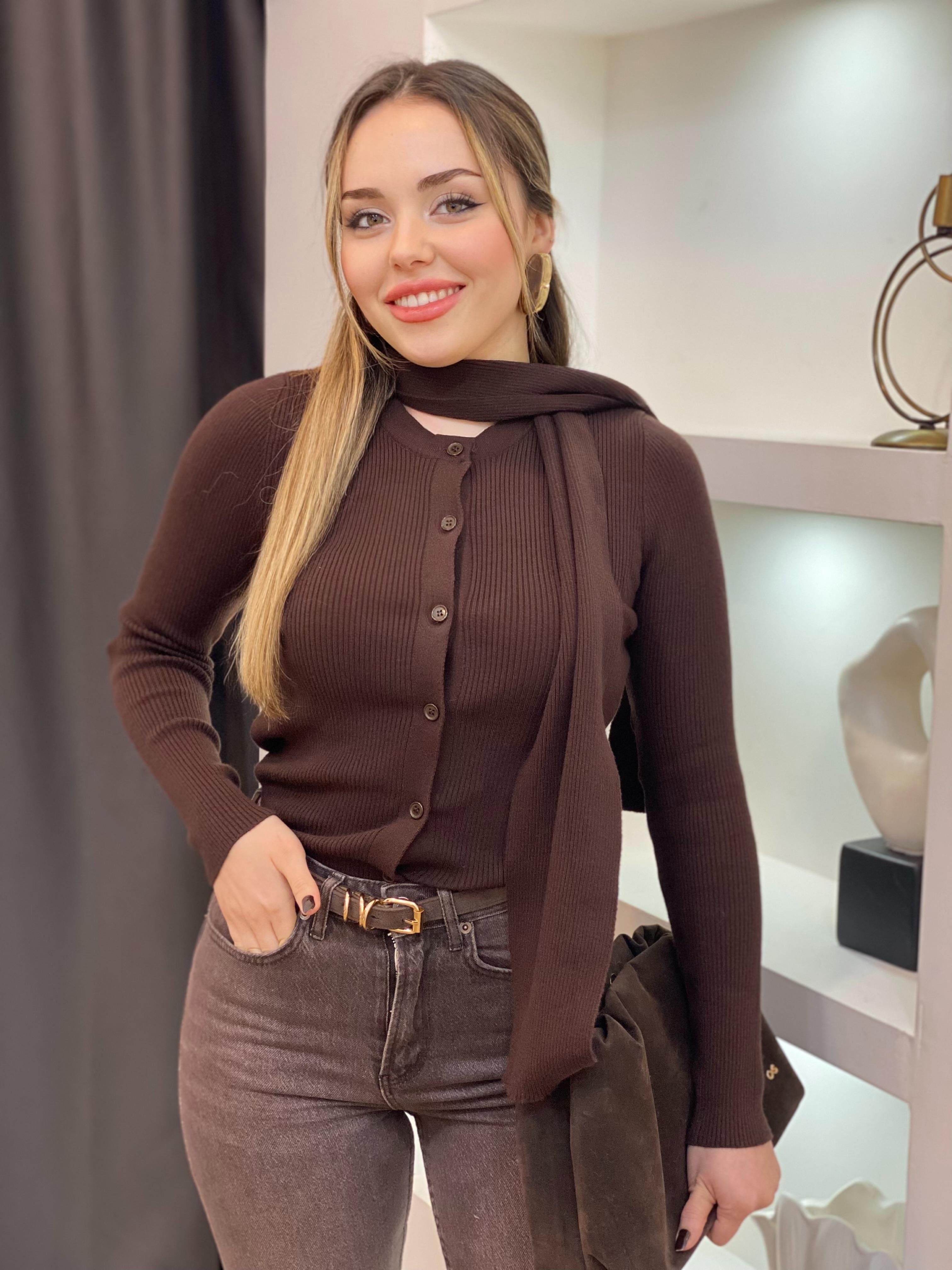Kahve Atkı Detaylı Premium Elit Triko Hırka 