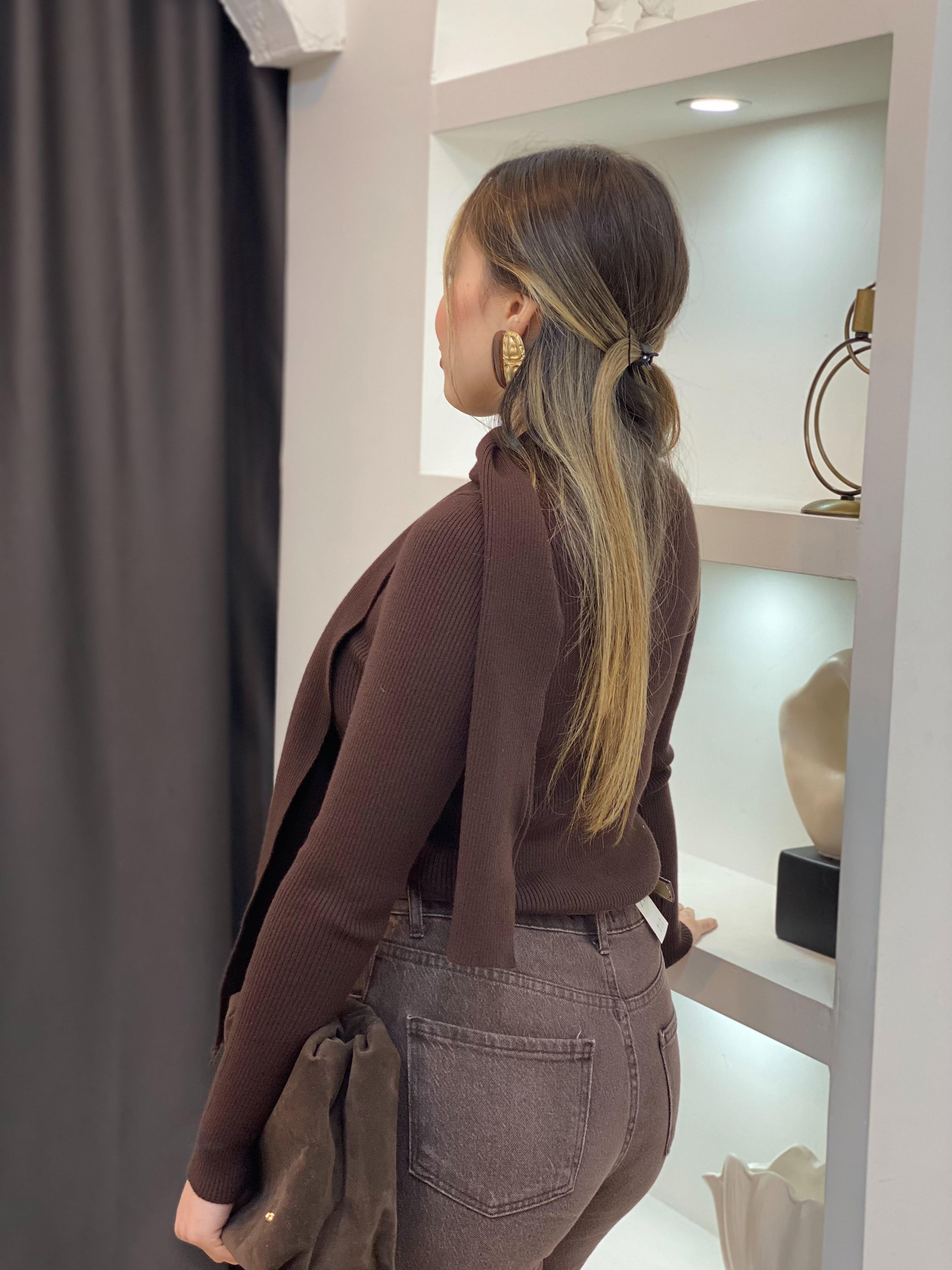 Kahve Atkı Detaylı Premium Elit Triko Hırka 
